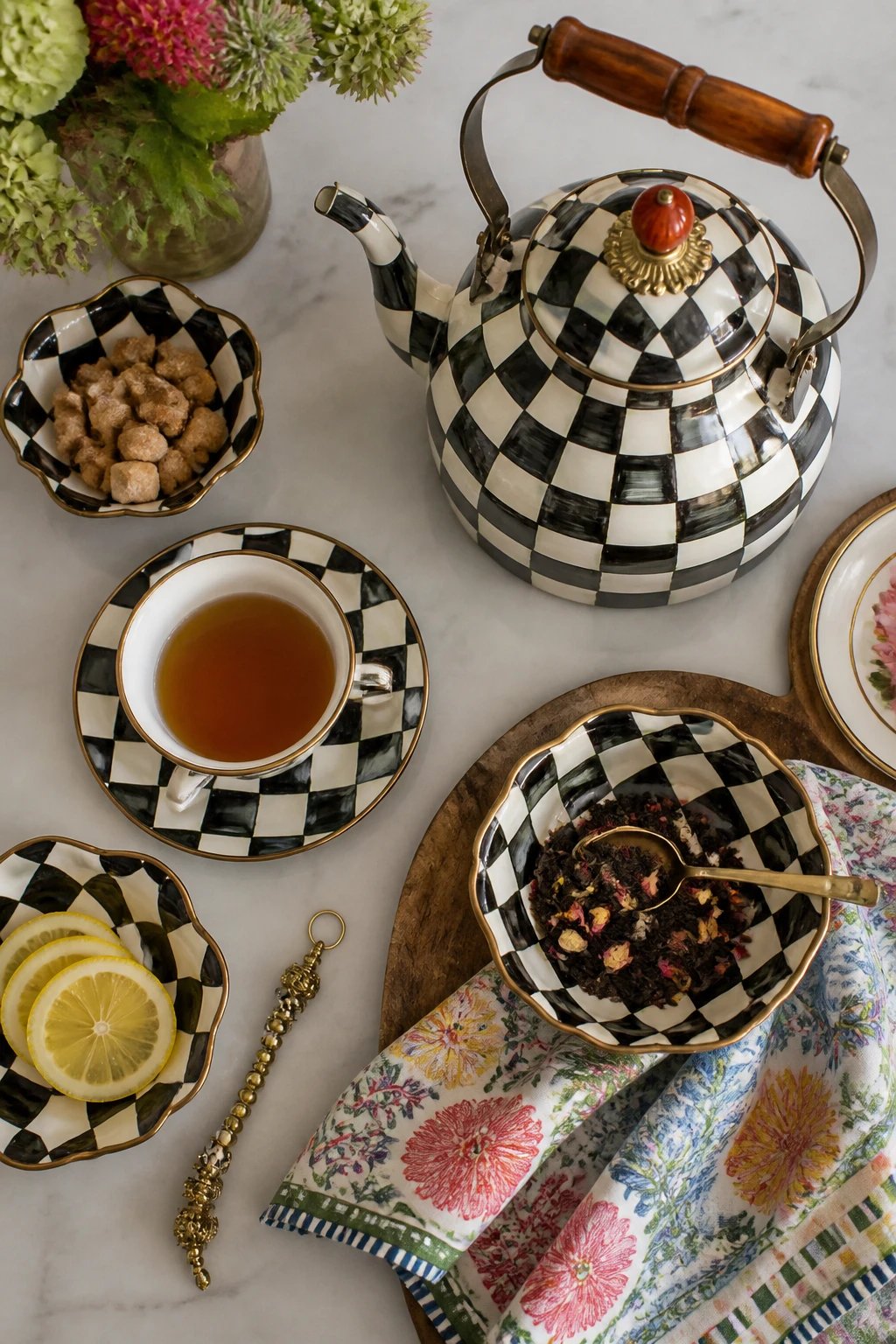 An overhead shot of a kitchen counter set for tea, featuring the Courtly Check kettle, matching enamelware bowls, a colorful cloth napkin, and a small brass bead charm resting beside the dishes, all arranged to emphasize pattern play and texture.