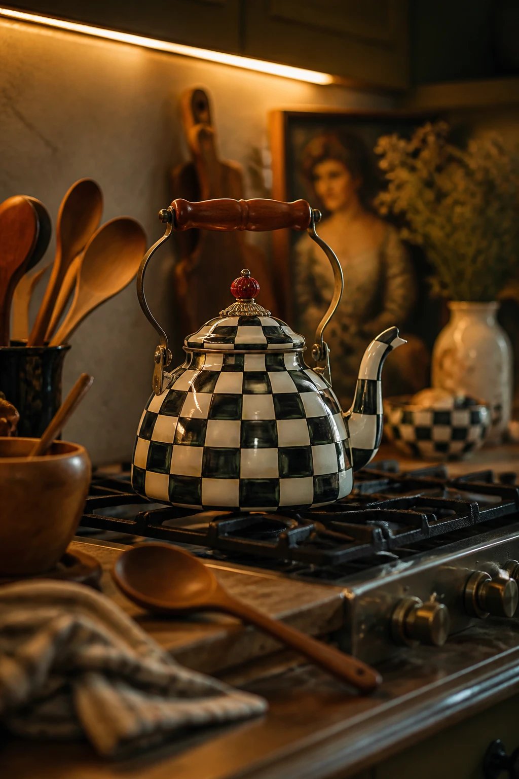 A moody, artful composition of a stovetop centerpiece: the Courtly Check kettle as the focal point, surrounded by scattered wooden utensils, a warm amber glow from under-cabinet lighting, and a subtle bokeh background suggesting a photo-ready mood board moment.