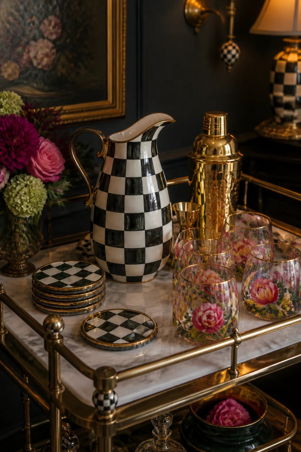 A luxuriously set bar cart styled with MacKenzie-Childs pieces: a bold courtly check drink pitcher, floral patterned tumblers, gold-toned shaker, and coordinating coasters, arranged on a marble bar top with moody ambient lighting and subtle shadows to highlight the prints.