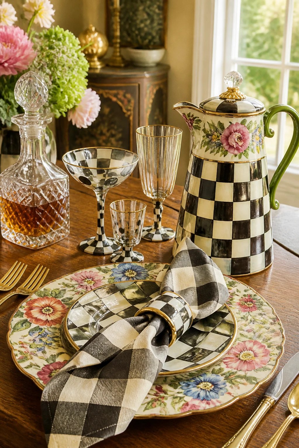 An elevated dining table vignette featuring MacKenzie-Childs bar sets: a matching bar pitcher, glassware with mixed patterns, a floral-printed charger, and a bold checkered napkin ring, all paired with a crystal decanter, shot in warm natural light from a nearby window.
