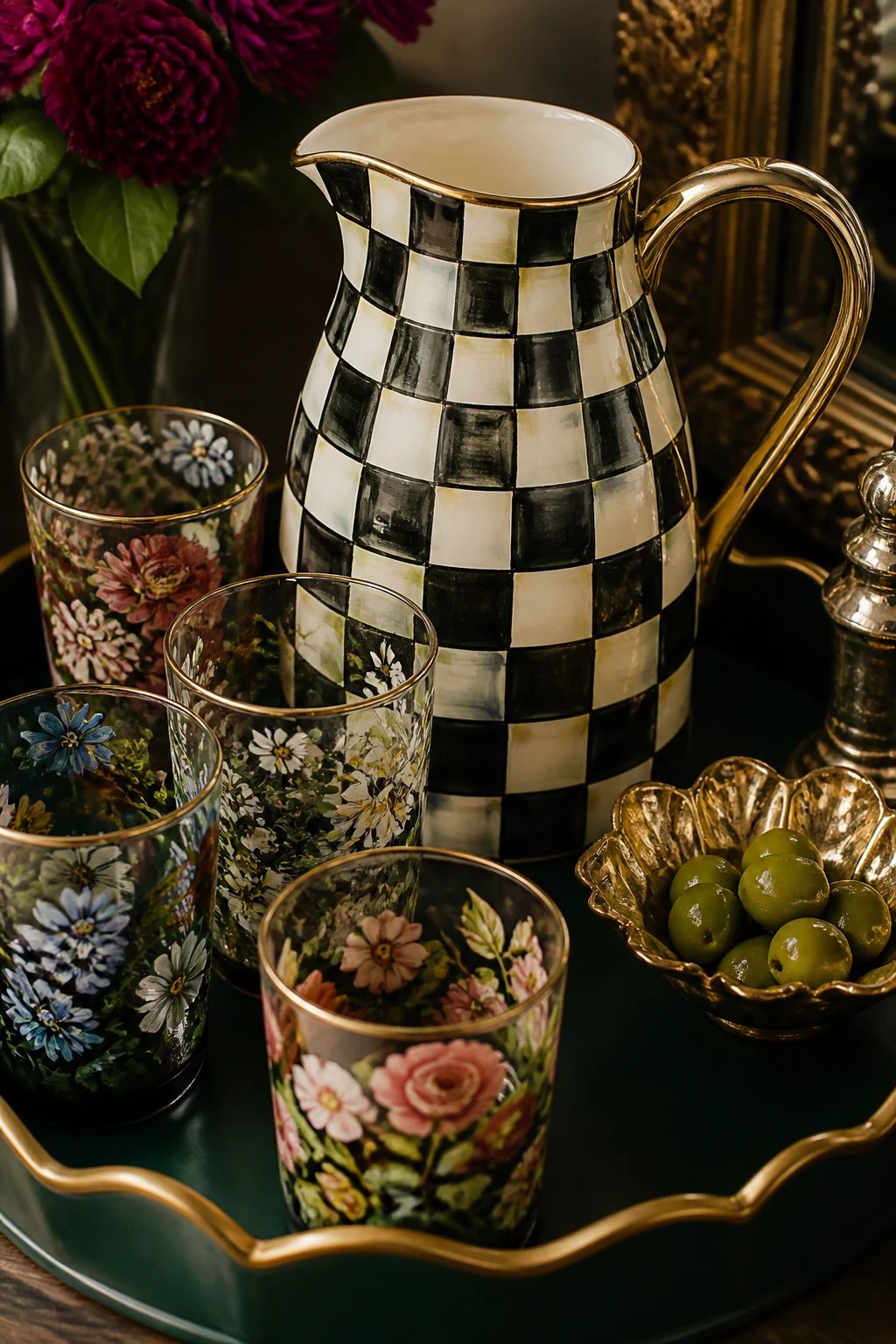 Close-up of a MacKenzie-Childs bar arrangement showing pattern clash intentionally: a courtly checks pitcher paired with floral-patterned glasses and a solid-colored tray, captured from a slightly elevated angle to emphasize texture, color depth, and metallic accents.