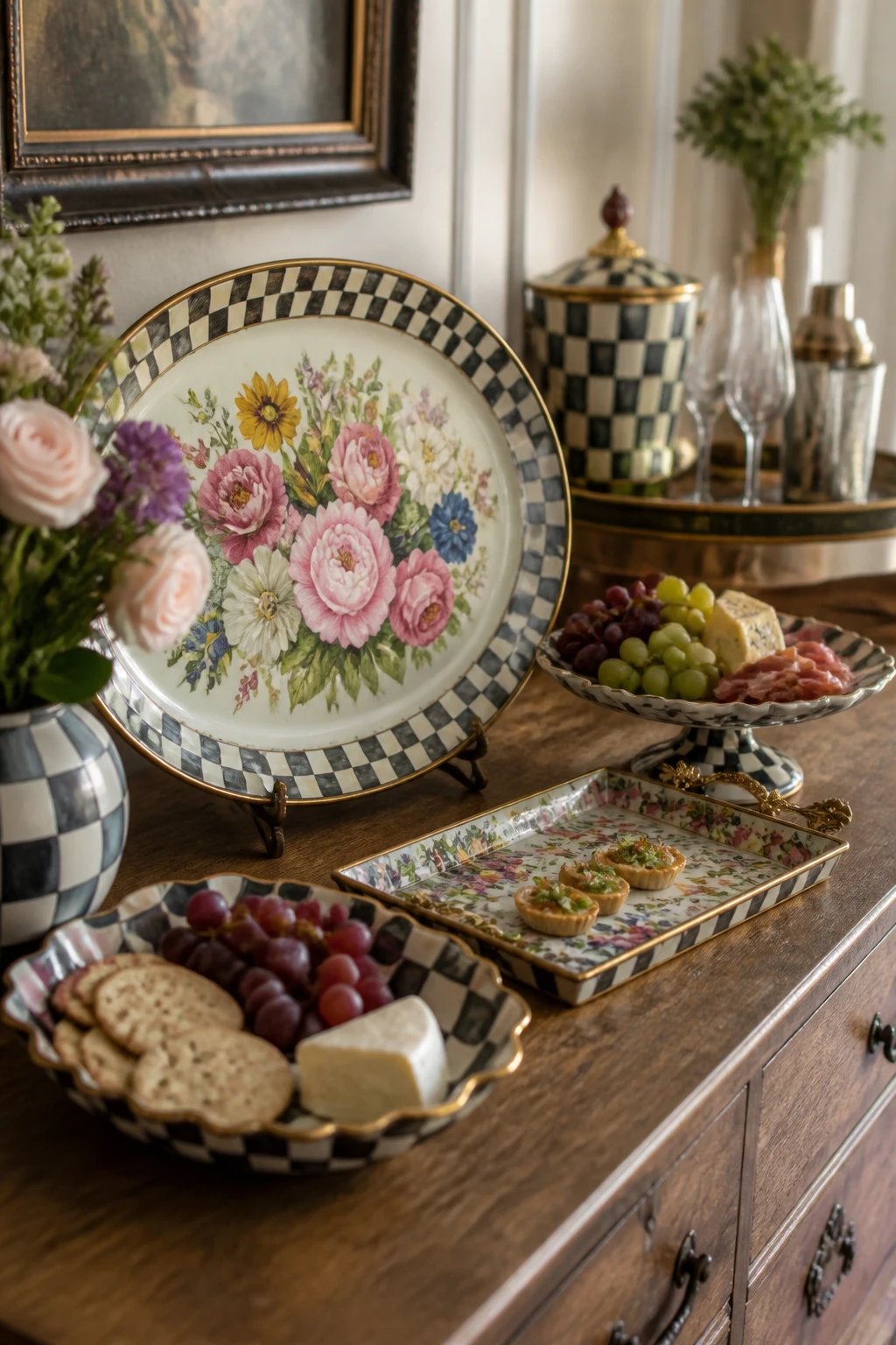 A chic entertaining spread with MacKenzie-Childs platters and serveware displayed on a rustic wooden sideboard: oversized floral platter as a centerpiece, smaller patterned serving trays, and a matching bar set in the background, with soft, diffused lighting and shallow depth of field.
