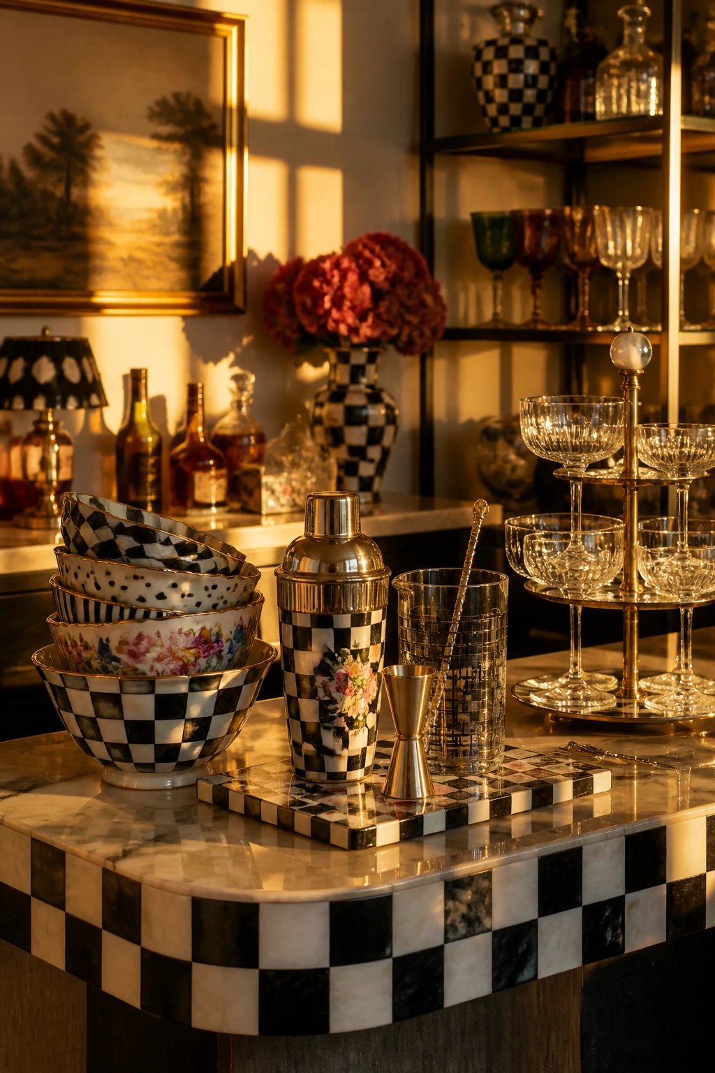 A stylish home bar setup at golden hour: macabre of MacKenzie-Childs pieces—stacked patterned bowls, a decorated bar slab, a statement shaker, and tiered glassware—arranged to showcase harmony between prints, with warm sunlight casting long shadows and reflections.