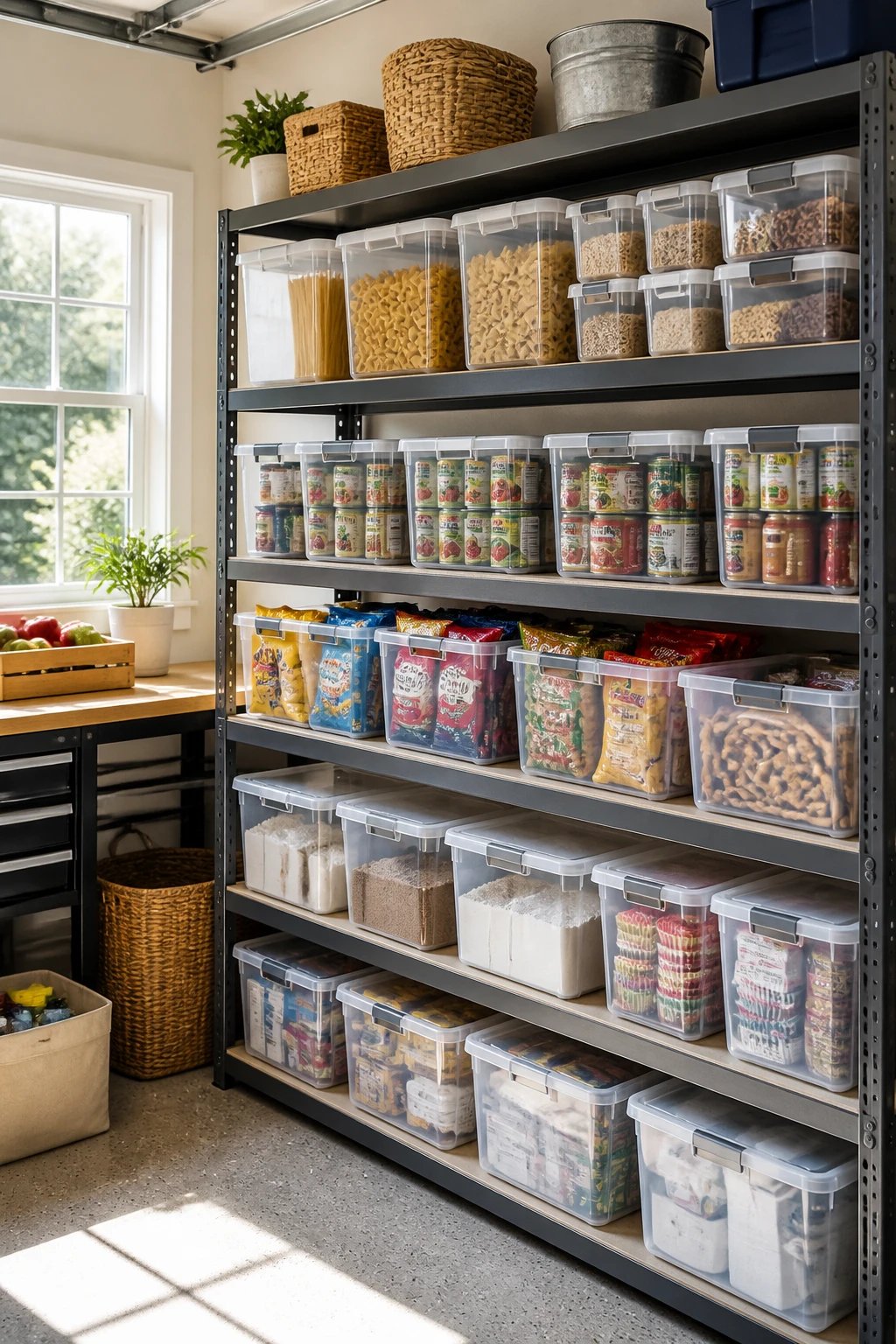 A bright, organized garage pantry scene with clear labeled plastic bins stacked neatly on sturdy metal shelves, items grouped by type (pasta, canned goods, snacks, baking supplies), eye-level bins for easy access, and a visible note on the bin lids labeling contents; natural light streaming in from a garage window.