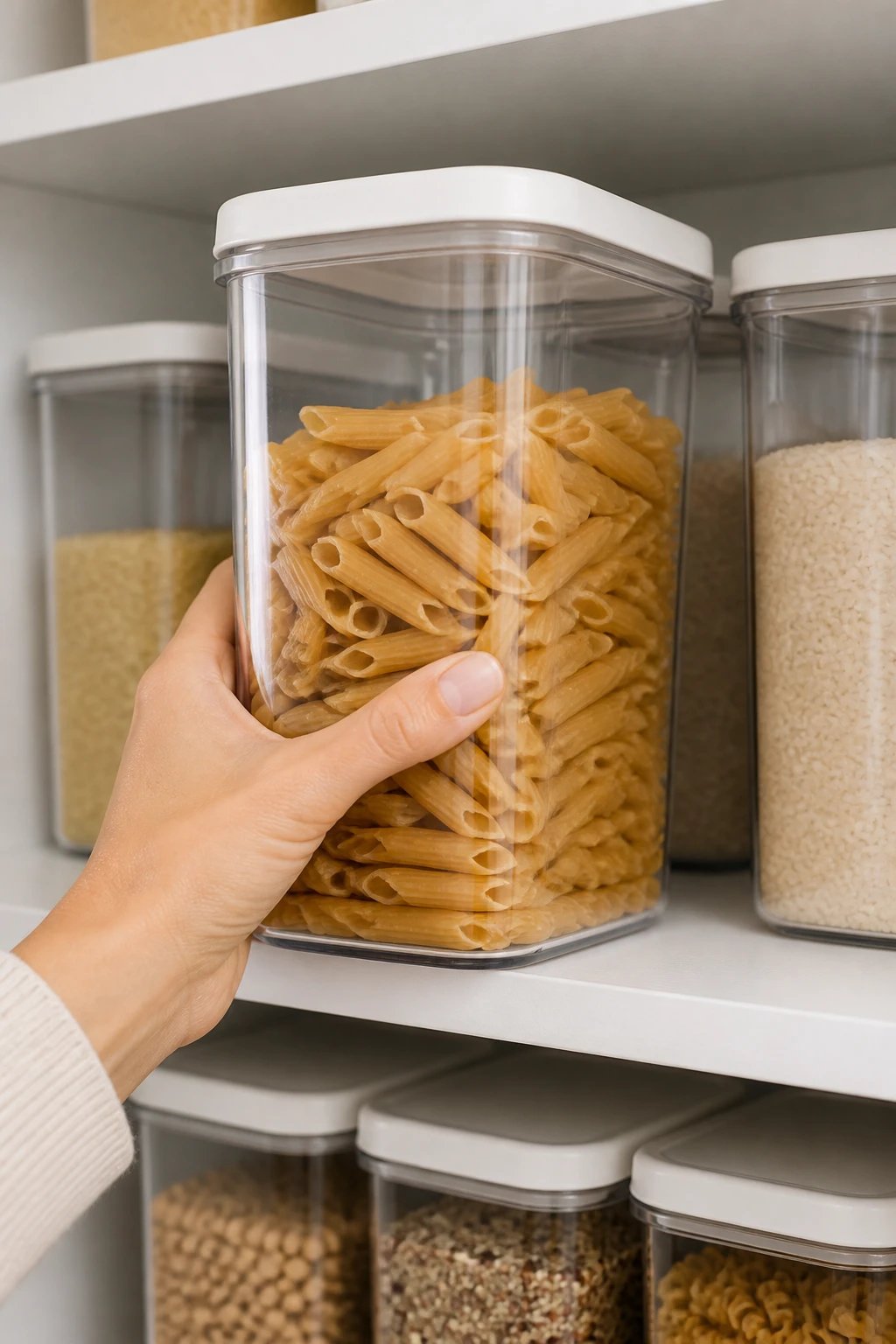 An up-close shot of a labeled bin being pulled from a shelf, contents like pasta and rice visible through clear plastic, a hand grabbing the most-used staple at eye level, with a tidy, dust-free interior and reinforced shelving in the background.