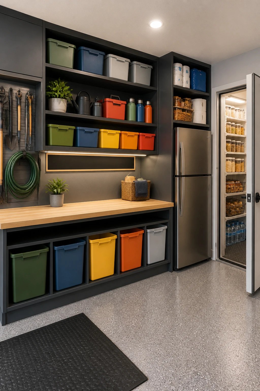A storage bench or work surface integrated into the garage organization, featuring a row of labeled bins beneath, a small chalk or label strip for quick updates, and a tidy fridge-adjacent zone for bulk items, with consistent color-coding and a door to reveal a well-sealed food storage area.