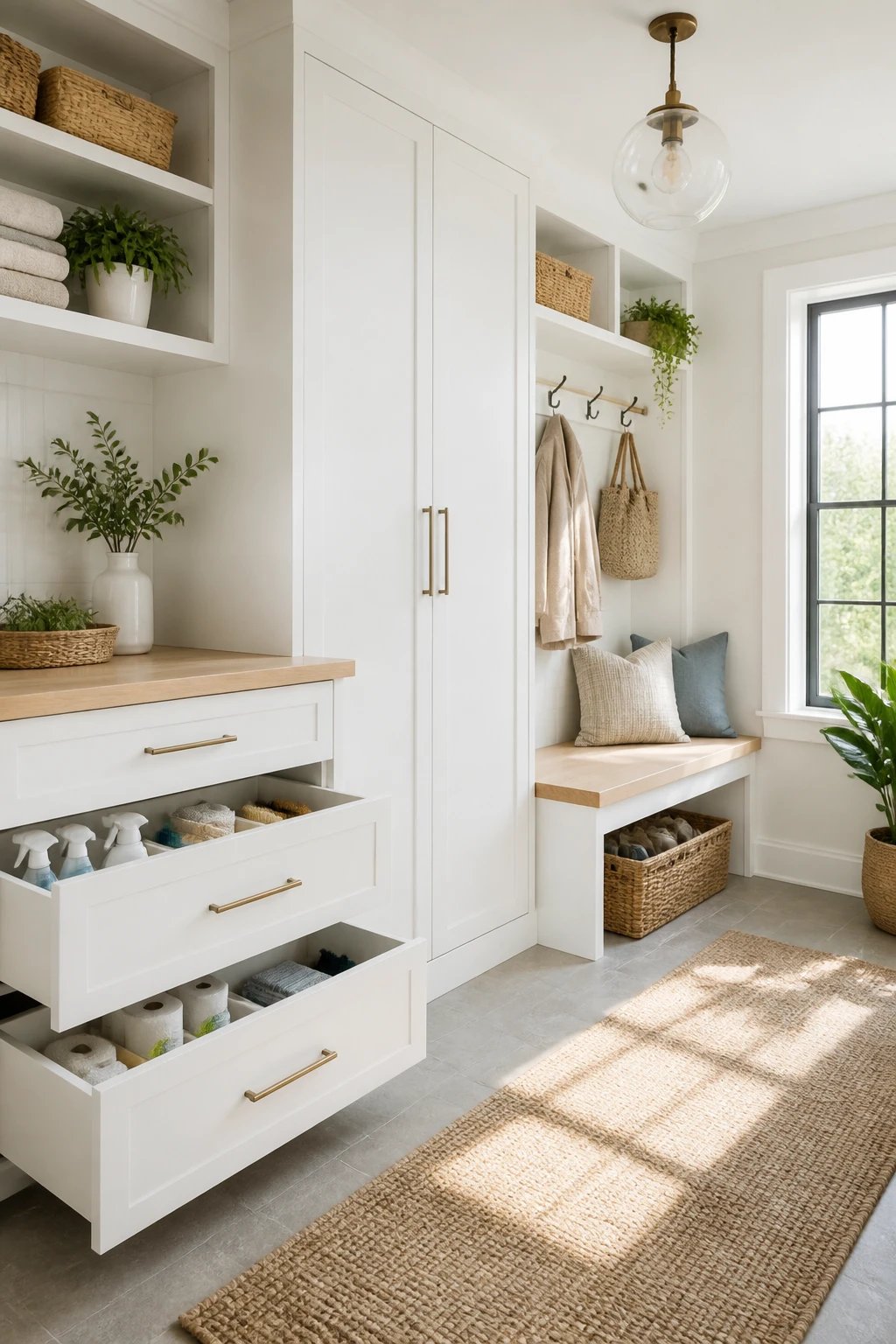 A bright mudroom with open-concept storage: tall white wall cabinets, deep lower drawers labeled with cleaning supplies, a sealed cabinet door to hide clutter, light natural wood countertops, airy light fixtures, and a tidy bench with a woven basket for shoes, all in a sunlit room.