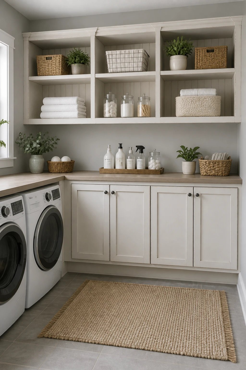 A laundry room corner featuring open shelving and hidden storage: airy, distressed white open cubbies above a countertop, labeled baskets for detergents, a set of locked/closed cabinets below, soft gray walls, and a minimalist rug, with one section showing quick-access front-and-center items.