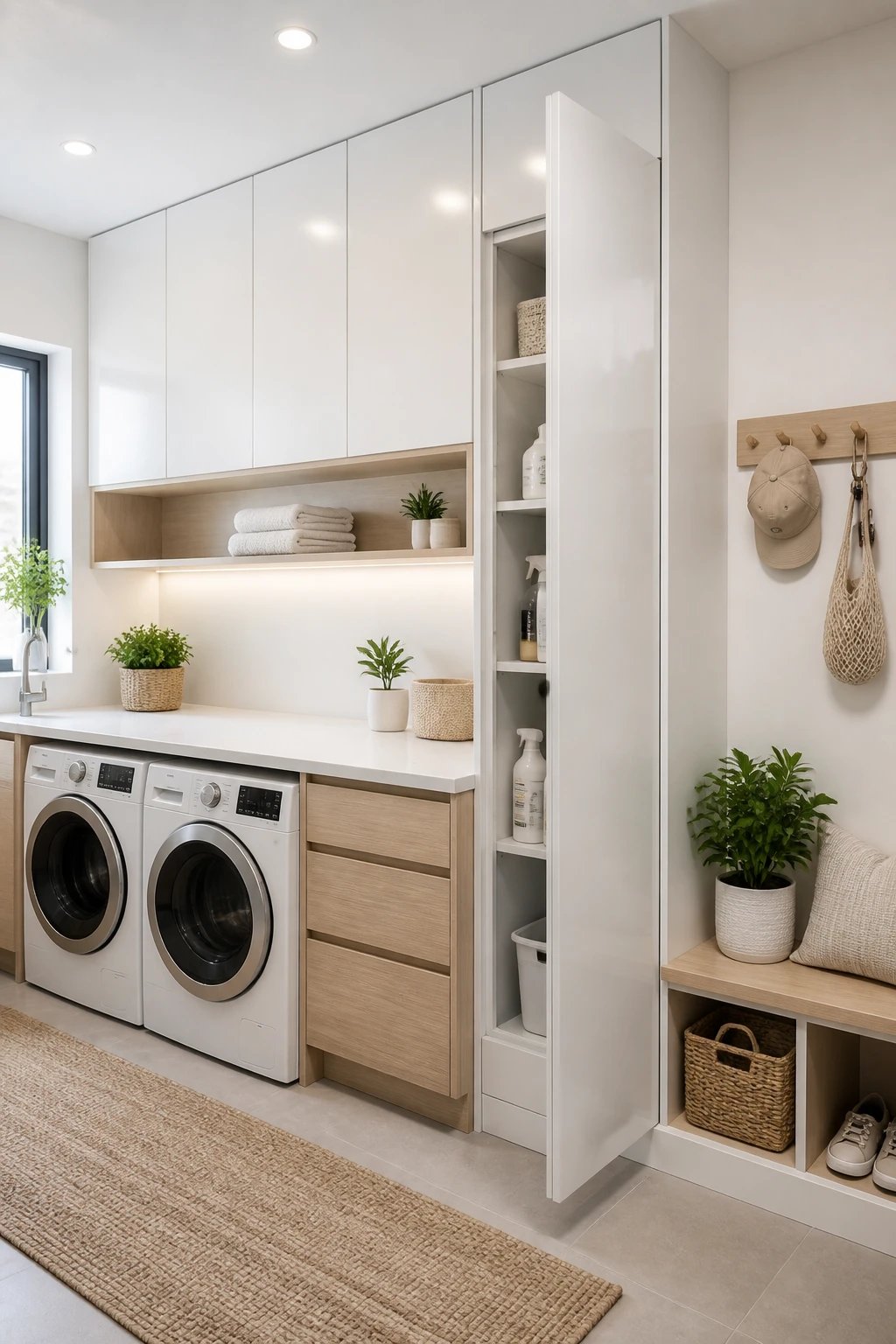 A high-contrast, organized laundry area: sleek tall cabinets in glossy white, light wood-toned base drawers, a hidden panel door concealing cleaning supplies, bright ambient lighting, and a simple peg rail for hats and small items, emphasizing an uncluttered, fresh vibe.