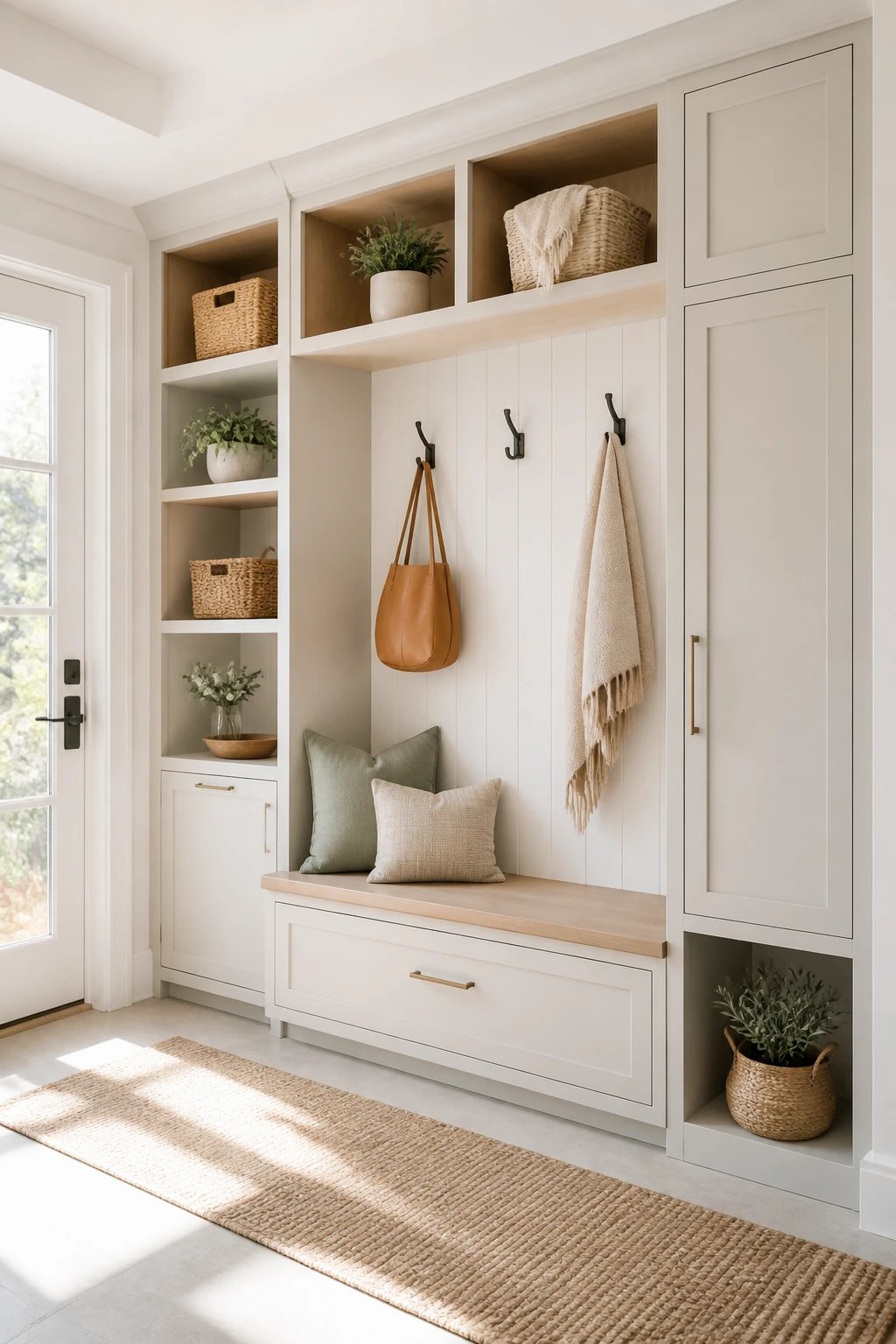 An entryway mudroom makeover: open cabinetry with mixed open cubbies and sealed cabinet doors, light and bright finishes, a bench with a hidden storage drawer, baskets for accessories, and a clean, airy backdrop with soft natural light streaming in.