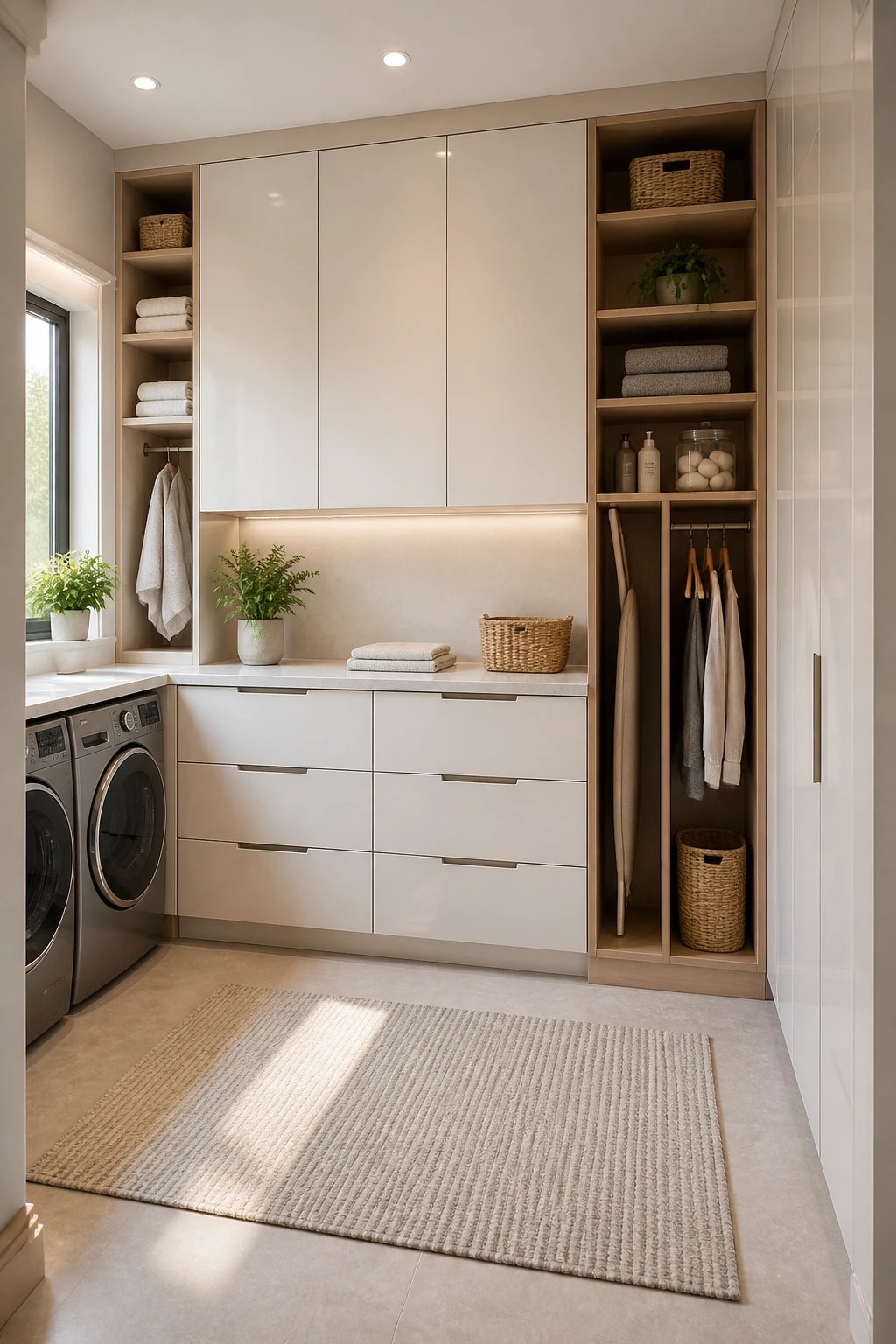 A functional yet stylish storage nook: wall-to-wall cabinetry with open vertical storage and concealed doors, deep drawers for bulk supplies, light-reflecting finishes, a slim countertop for folding, and a couple of decorative touches like a small plant and a floor mat, all organized for easy access.