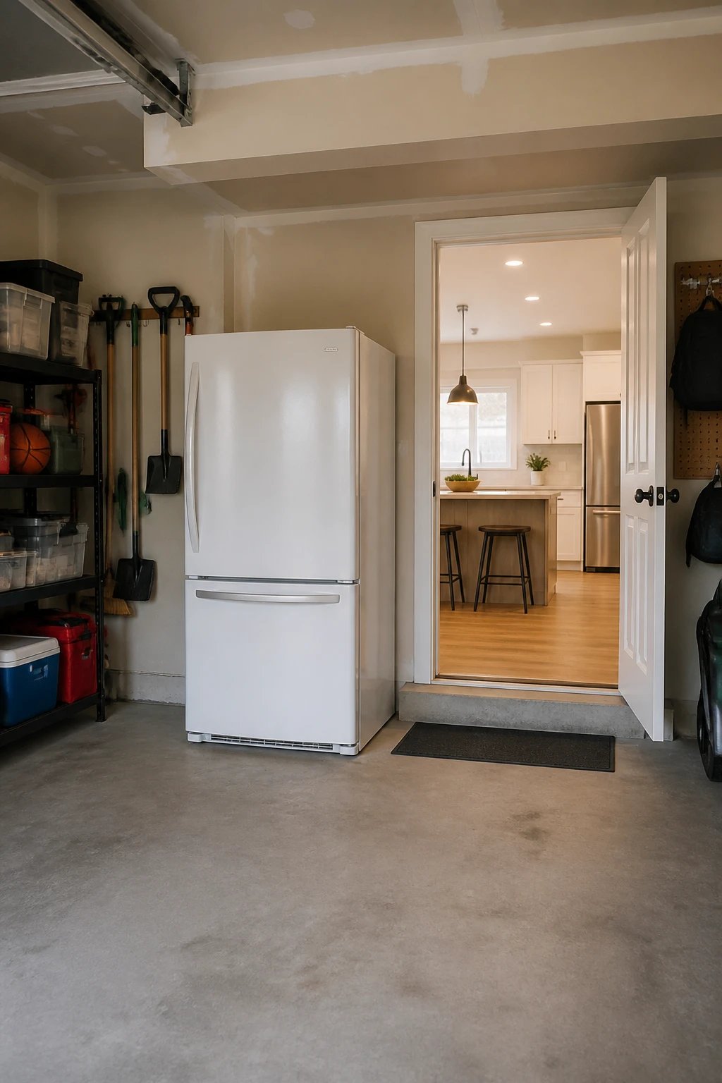 A wide shot of a garage storage wall featuring modular clear bin systems with snug lids, categories clearly visible on bin labels, dust and moisture prevention features like silicone seals, and small critter-proof gaskets, with a clean concrete floor and pegboard above for tools.