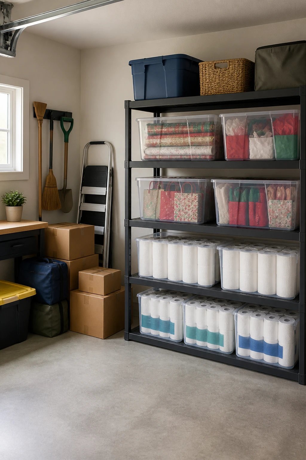 A before-and-after style composite image: left side cluttered garage corner with scattered boxes and loose bags; right side transformed with labeled clear bins, uniform shelving, and a clear path, illustrating curb-appeal storage and easy navigation.