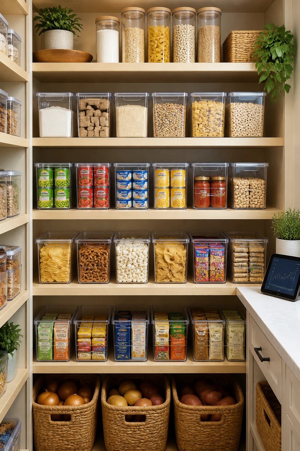 A bright, organized pantry featuring clear stackable storage bins with bold, legible labels, grouped sections for cans, dry goods, and snacks, with a clean wooden shelf backdrop and a tablet price tracker subtly visible in the corner.