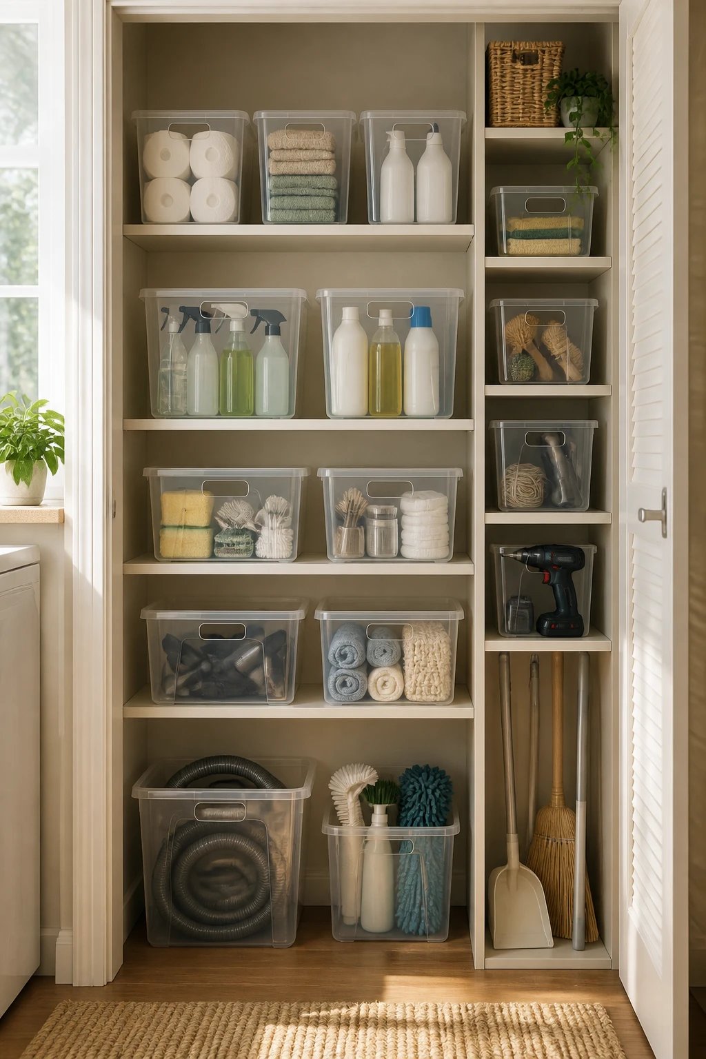 A sunlit closet or laundry nook showcasing transparent storage bins of varying sizes, neatly labeled, with items like cleaning supplies and tools clearly visible, and a slim vertical shelving unit maximizing vertical space.