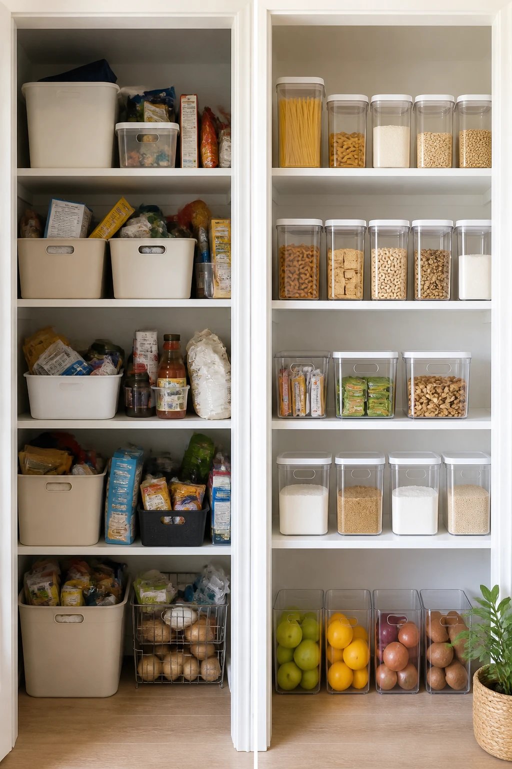 A pantry reorganization before-and-after montage: left side cluttered with opaque bins, right side transformed with clear bins, bold labels, and neatly categorized sections; bright, natural lighting and a minimalist overall aesthetic.