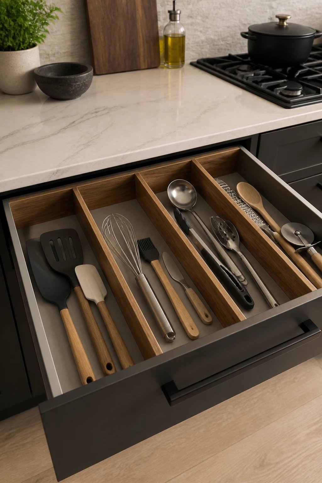 A modern kitchen countertop scene highlighting an open bin system for groceries and kitchen tools, transparent containers filled with bulk items, labeled dividers, and a checklist board in the background illustrating low-stock alerts.