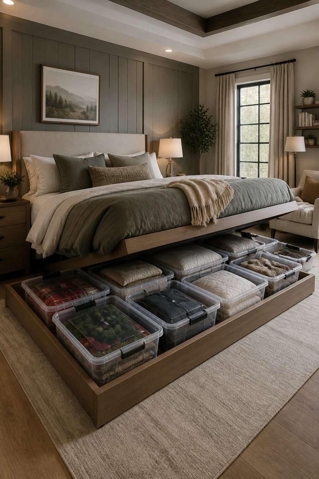 A home office or craft space with see-through containers storing supplies (staples, pens, beads) in labeled bins, stacked neatly on clear shelving, with color-coordinated organization and a small price-tag savings sign subtly included.