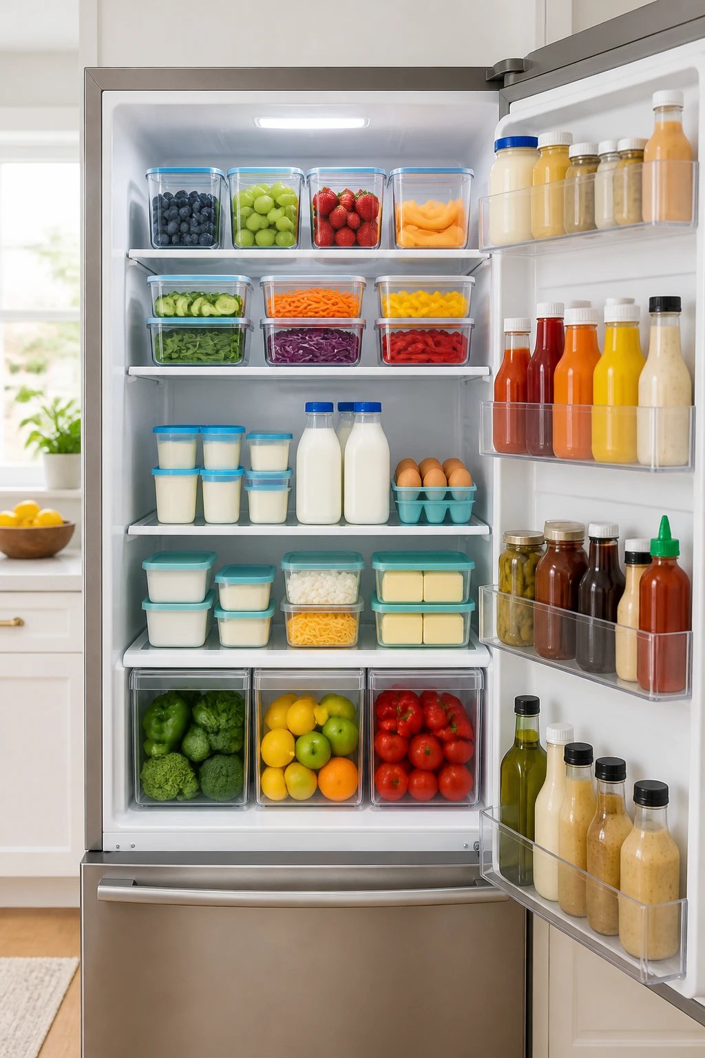 A neatly organized refrigerator interior showing clearly labeled zones: bottom shelf with fresh produce in clear baskets, middle shelf with dairy products in uniform containers, and door shelves holding condiments, all in a bright, airy kitchen with a focus on color-coded organization.