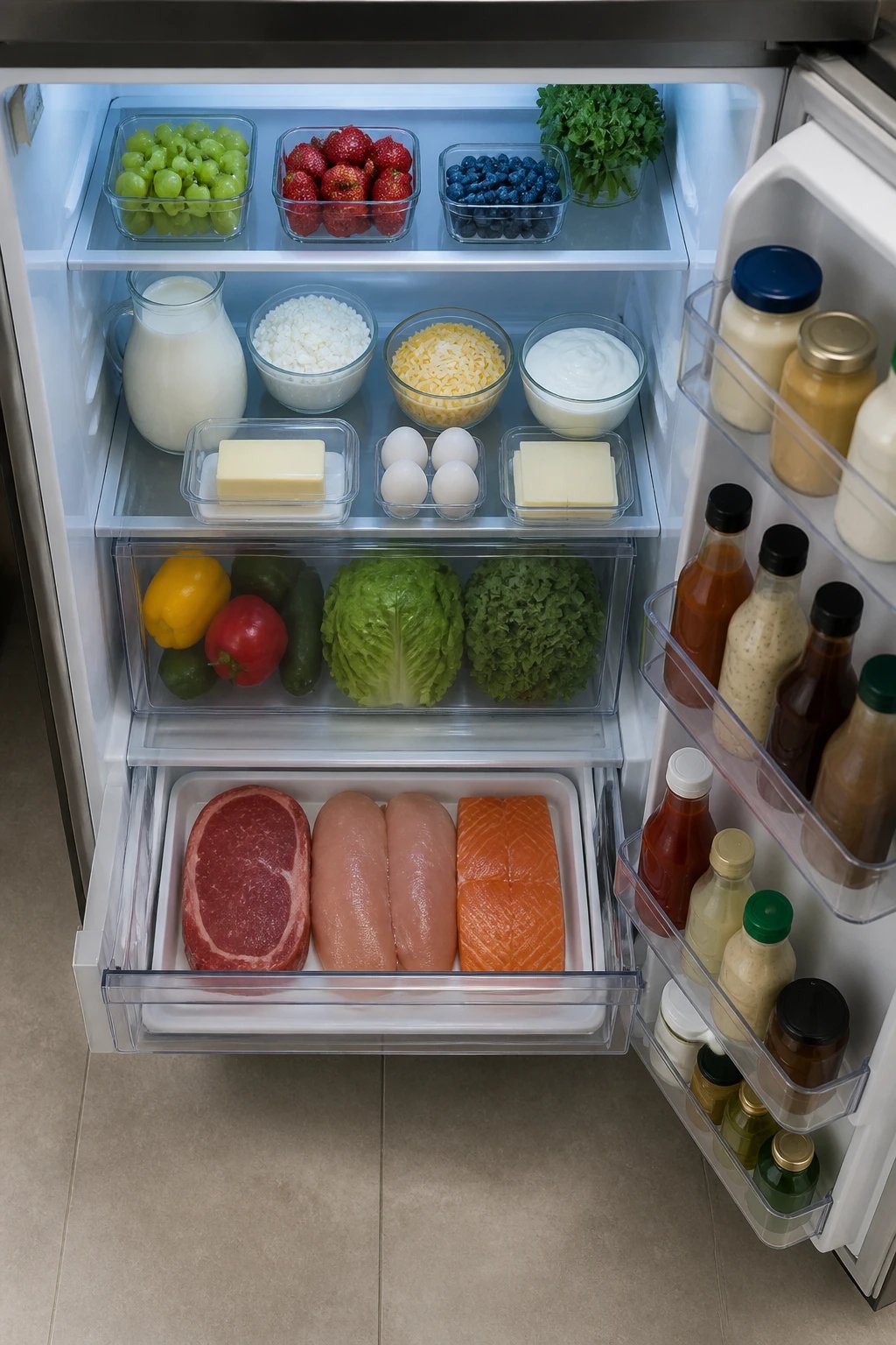 An overhead shot of a fridge door opened to reveal a “zoned” arrangement: upper dairy items at the middle section, raw meat separated in a bottom drawer with a tray, and door items like sauces and dressings, with clean, clear spacing.