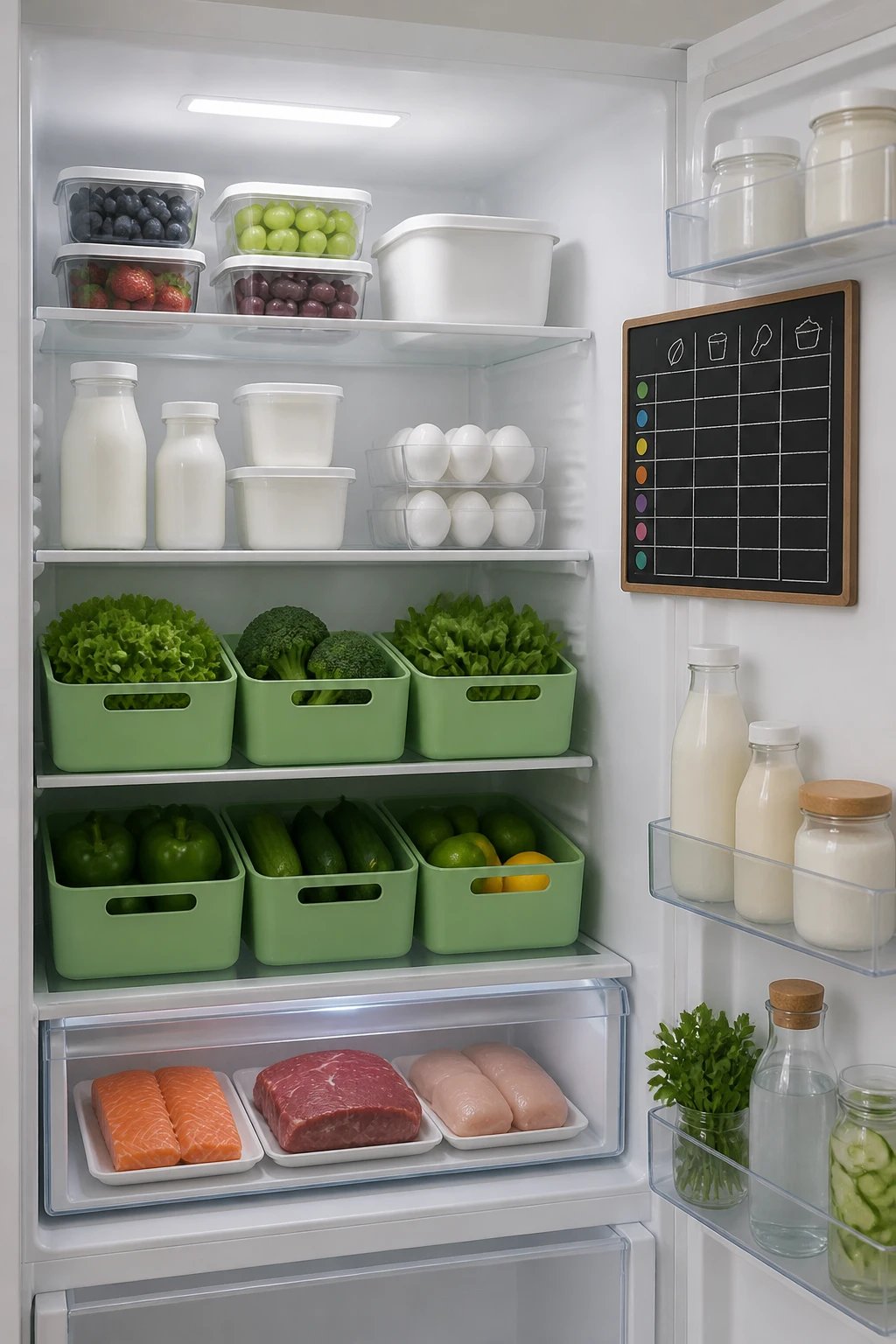 A minimal, modern fridge interior with labeled color-coded bins (greens for produce, whites for dairy, meats in a separate chilled drawer) and a small chalkboard-style note on the fridge wall showing a simple weekly rotation plan.