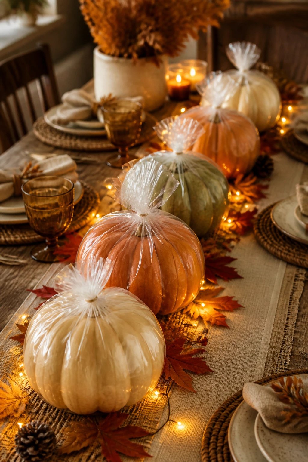 A warm, inviting autumn tablescape featuring reusable foam pumpkins lined along a rustic wooden table, each pumpkin wrapped in a food-safe bag with a subtle glow from nearby string lights, setting a cozy harvest mood with fall leaves and a neutral linen runner.