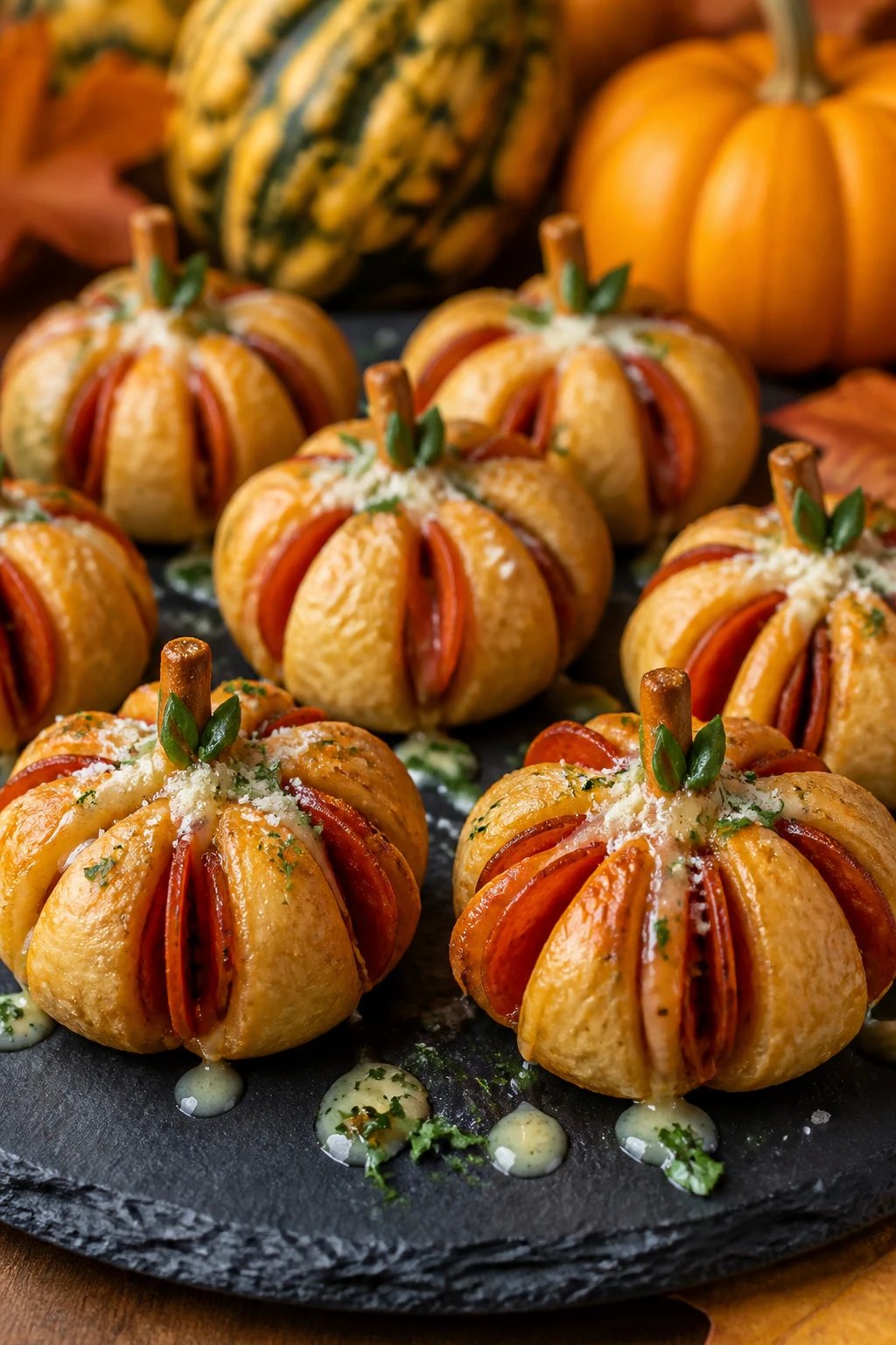 Close-up of a DIY edible centerpiece: mini pumpkin bite appetizers arranged on a slate platter, intricate pumpkin rolls made from biscuit dough and pepperoni, with a light drizzle of garlic-parmesan glaze and autumn gourds in the blurred background.