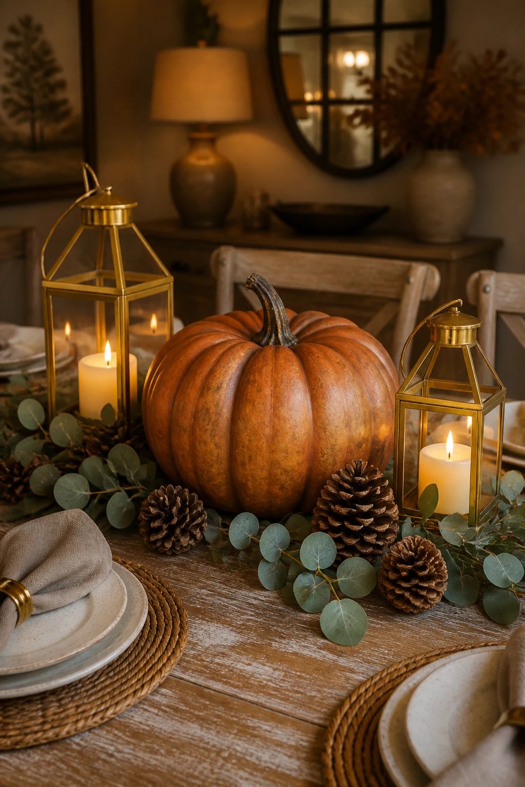 A stylish fall dining vignette showing a minimalist centerpiece: a single oversized faux pumpkin in warm orange, paired with gold-toned lanterns, and a mix of pinecones and eucalyptus sprigs, on a distressed wood table with warm ambient lighting.