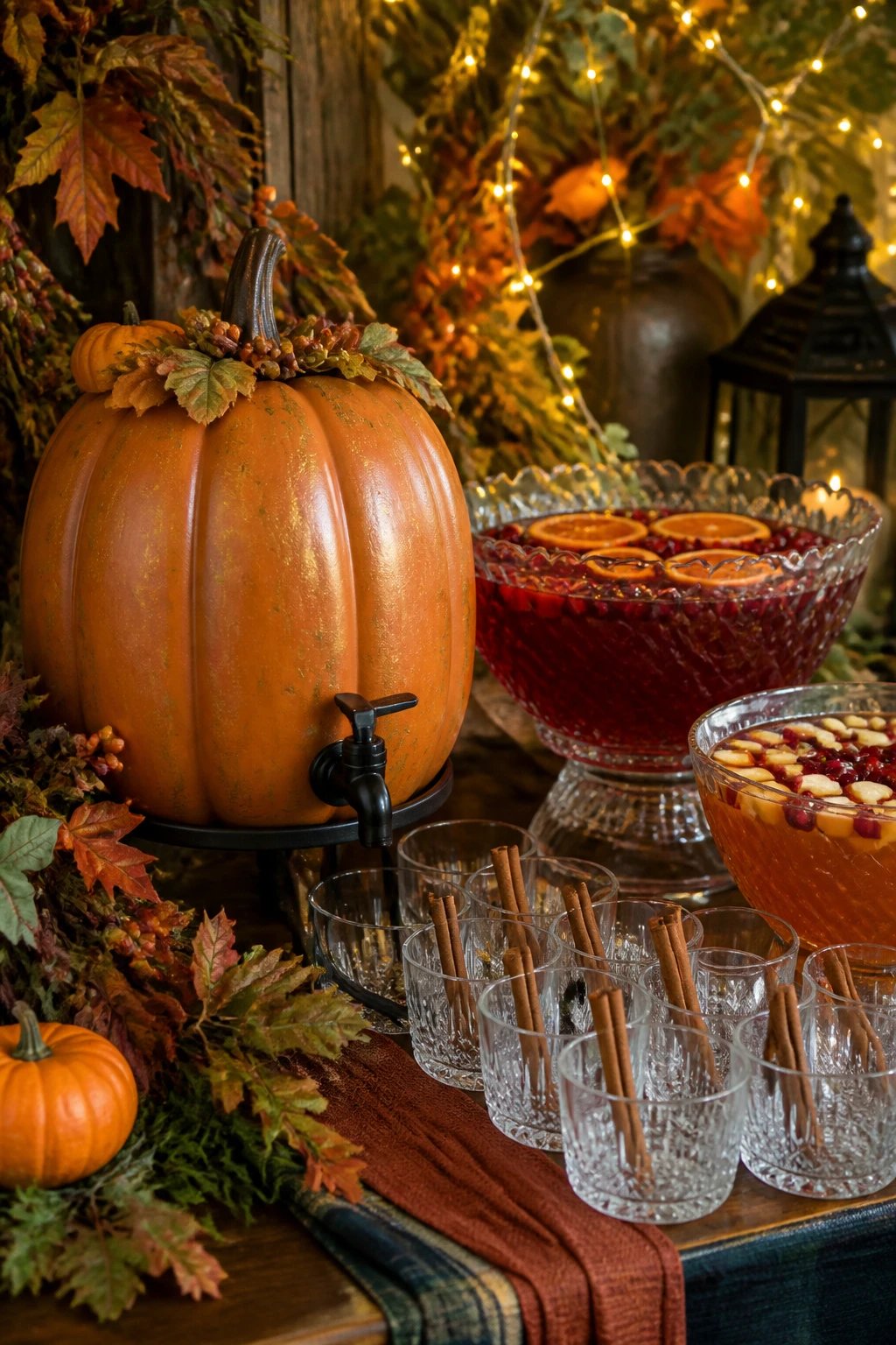 A festive tablescape corner featuring reusable pumpkin décor integrated into a punch station: a spout inserted into a labeled faux pumpkin, glass punch bowls adjacent, clear cups lined with cinnamon sticks, and a backdrop of amber fairy lights and fall greenery.