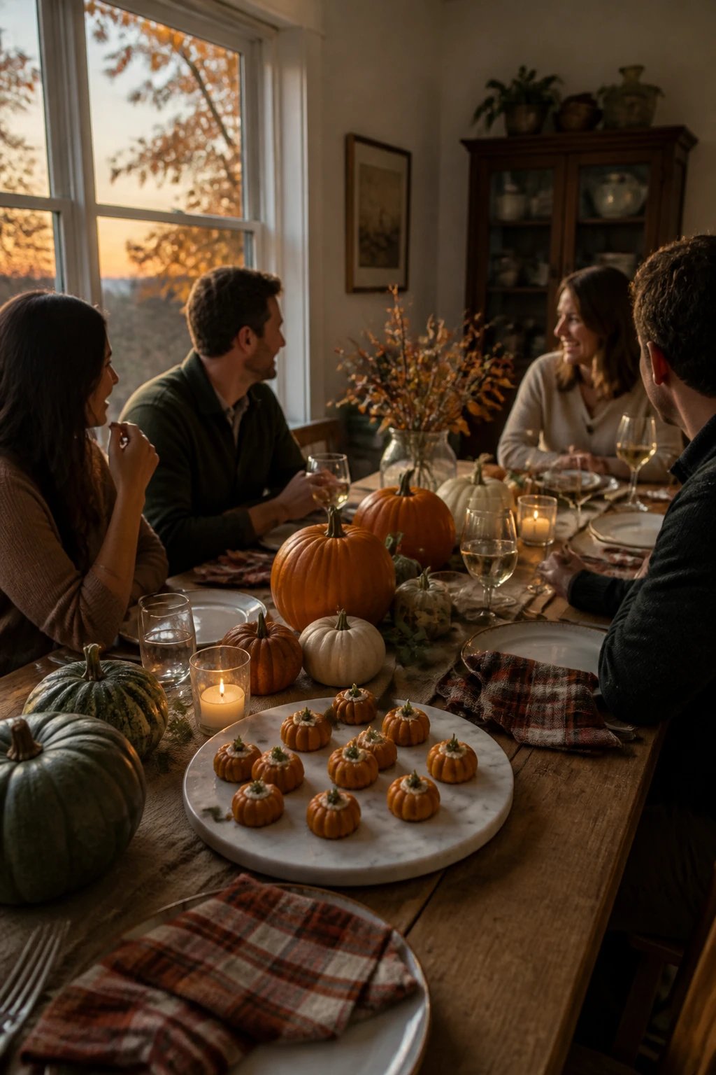 A cozy, candid dining room scene at dusk: a long wooden table with plaid napkins, small edible pumpkin bites arranged on white marble platters, pumpkins of varying sizes used as informal centerpieces, and soft natural light streaming through a window with autumn leaves visible outside.