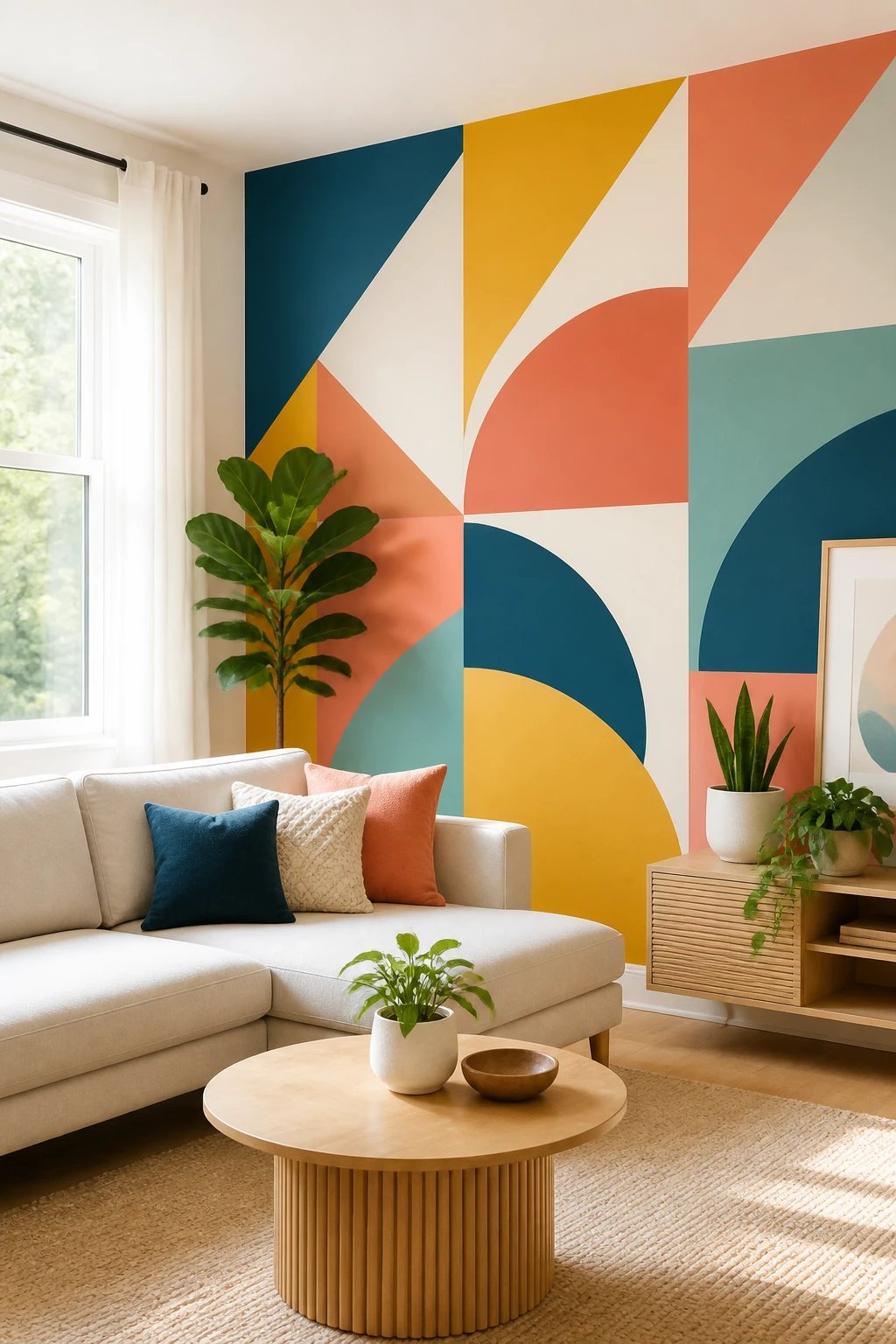 A bright living room corner featuring a bold, geometric peel-and-stick wall mural on an accent wall, with clean lines, vibrant colors, and no visible tools or damage, styled with a light sofa, minimal plants, and natural daylight.