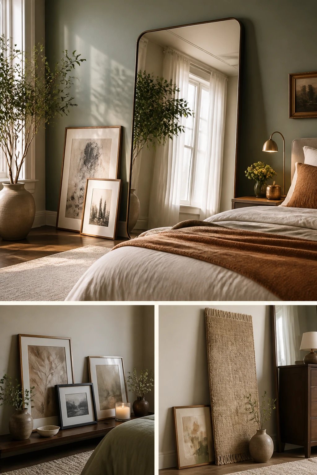 A cozy bedroom wall transformed with large removable decals forming an abstract mural, paired with a floating shelf, a low-profile headboard, and soft textiles like a throw blanket and pillows, all without nails or residue.