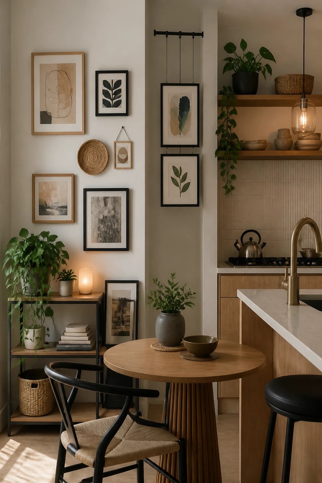 A modern rental kitchen nook showcasing removable wallpaper in a warm, cohesive color palette behind a small dining table, with sleek chairs, a ceramic centerpiece, and soft shadows to emphasize the peel-and-stick wall treatment.