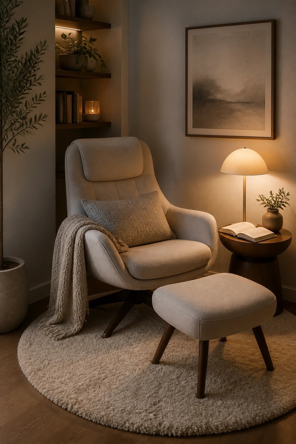 A cozy reading nook in a small corner featuring a slightly reclined ergonomic armchair with a soft throw blanket, a small ottoman footrest, and a warm table lamp casting gentle light over an open book; minimalist decor, neutral tones, and a plush rug to anchor the scene.