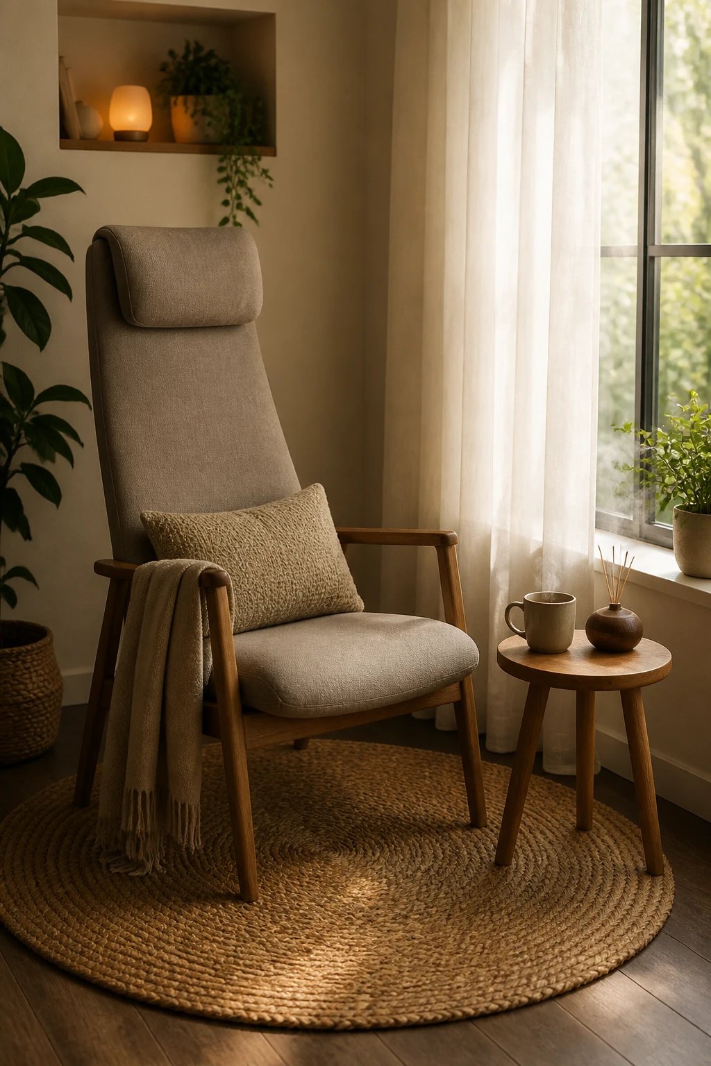 A compact reading corner with a slim, high-back chair that supports the spine, a lumbar cushion, a woven floor mat, and a tiny side table holding a steaming mug and a diffuser; natural light from a nearby window with sheer curtains, creating a calm, inviting atmosphere.