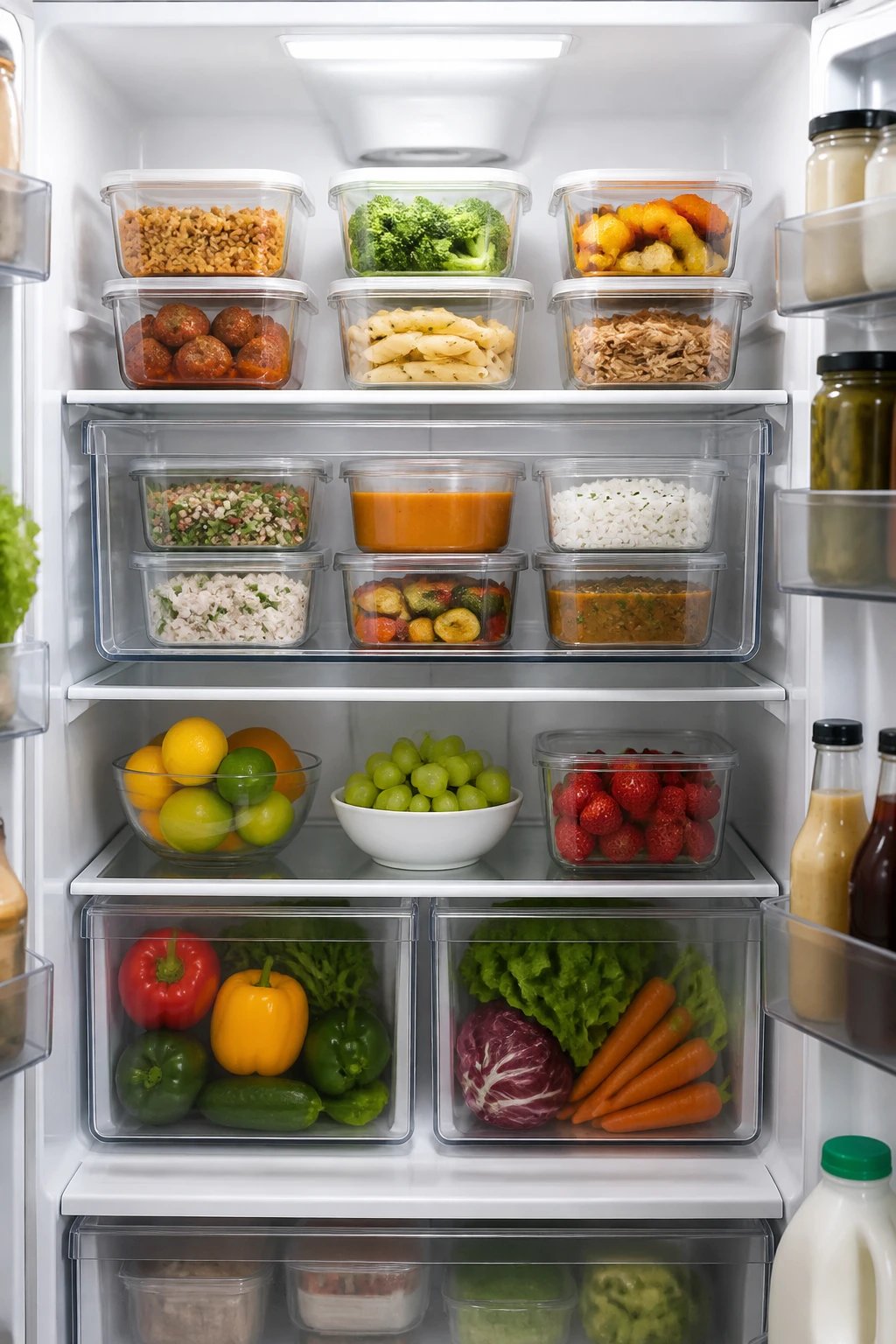Close-up of pull-out produce drawers filled with vibrant fruits and vegetables, with subtle dividers and transparent packaging, highlighting easy visibility and reduced clutter in a well-lit fridge.