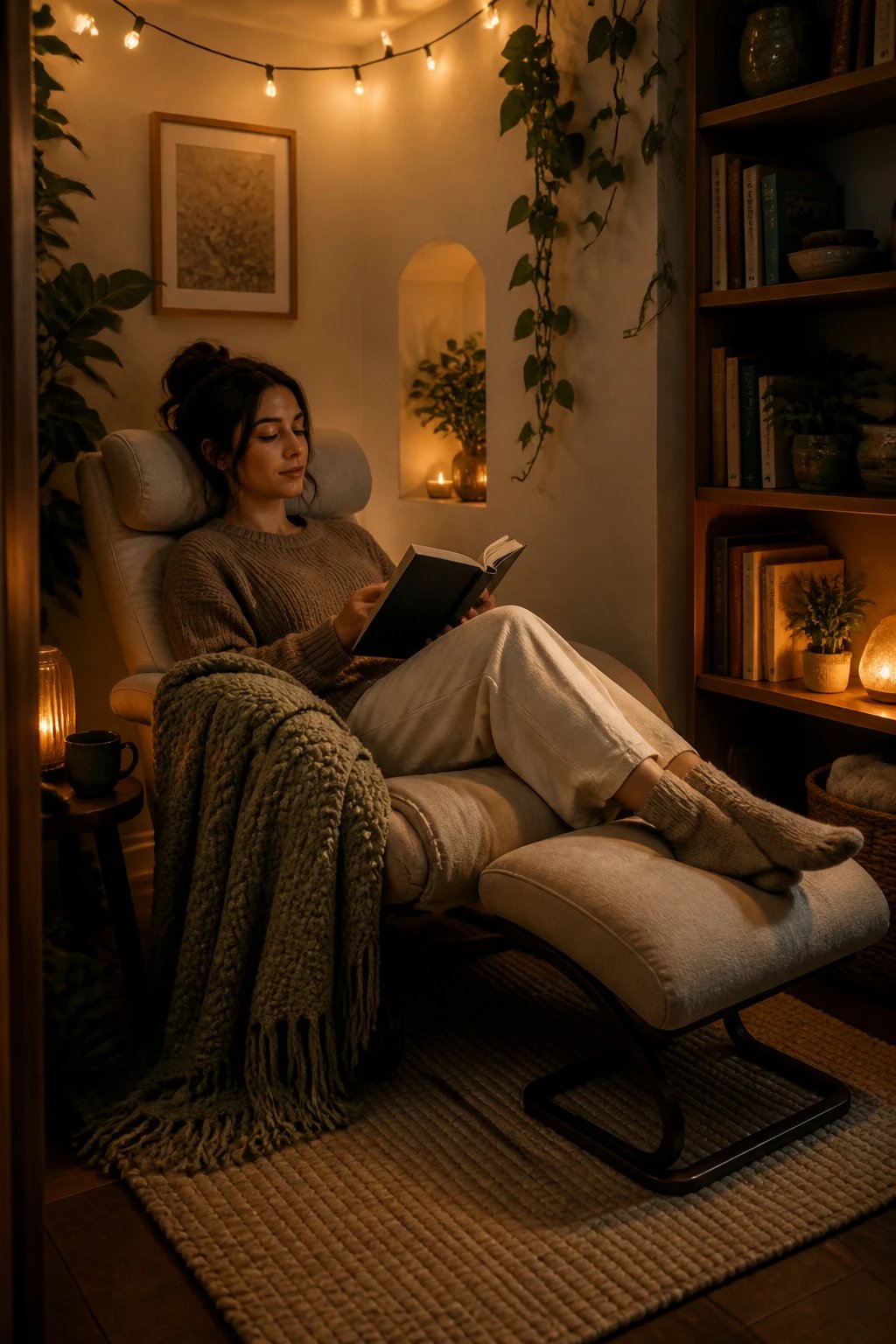 An intimate nook showing a low, supportive seat with a cushioned headrest, a footrest extended, and a reader resting back while keeping shoulders aligned; ambient string lights overhead, a small bookshelf within reach, and a soft, textured throw draped over the chair.