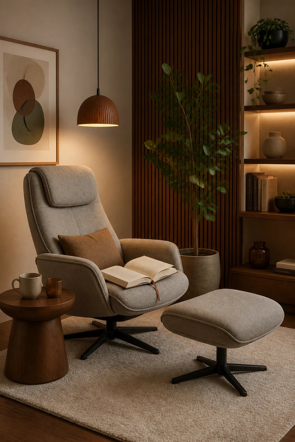 A modern, ergonomic reading setup in a corner: a recline-able accent chair, a compact ottoman, a beige area rug, warm wood accents, and a pendant light; an open book on the lap with a bookmark, while a plant adds a touch of life to the space.