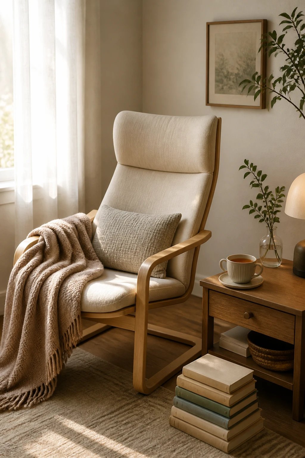 A Pinterest-worthy reading corner featuring a chair with ergonomic design and light padding, a supportive pillow under the lower back, a cozy blanket, a minimalist nightstand with a cup of tea, and soft daylight filtering through a nearby curtain, with a neatly arranged stack of books on the floor.