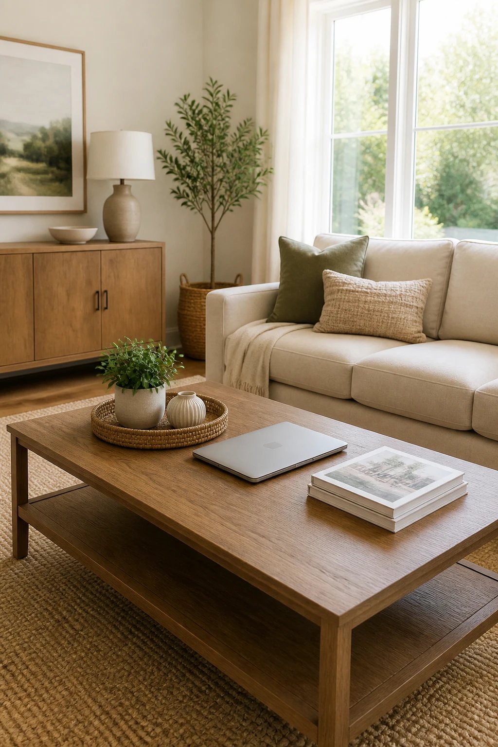 A bright, neatly organized living room after a quick daily reset: a coffee table with only a single decorative tray, a closed laptop, a small plant, and a tidy stack of magazines; soft natural light from a large window, warm neutral tones, and no clutter on visible surfaces.