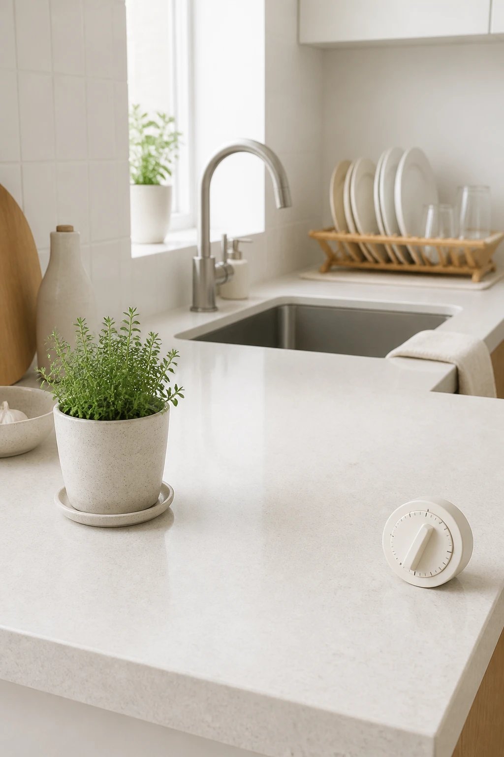 A kitchen counter moment: a minimalist countertop with a small potted herb, a spotless sink in the background, a tidy dish drying rack, and a 5-minute timer subtly visible on the edge of the counter, all in clean, airy whites and subtle beige accents.