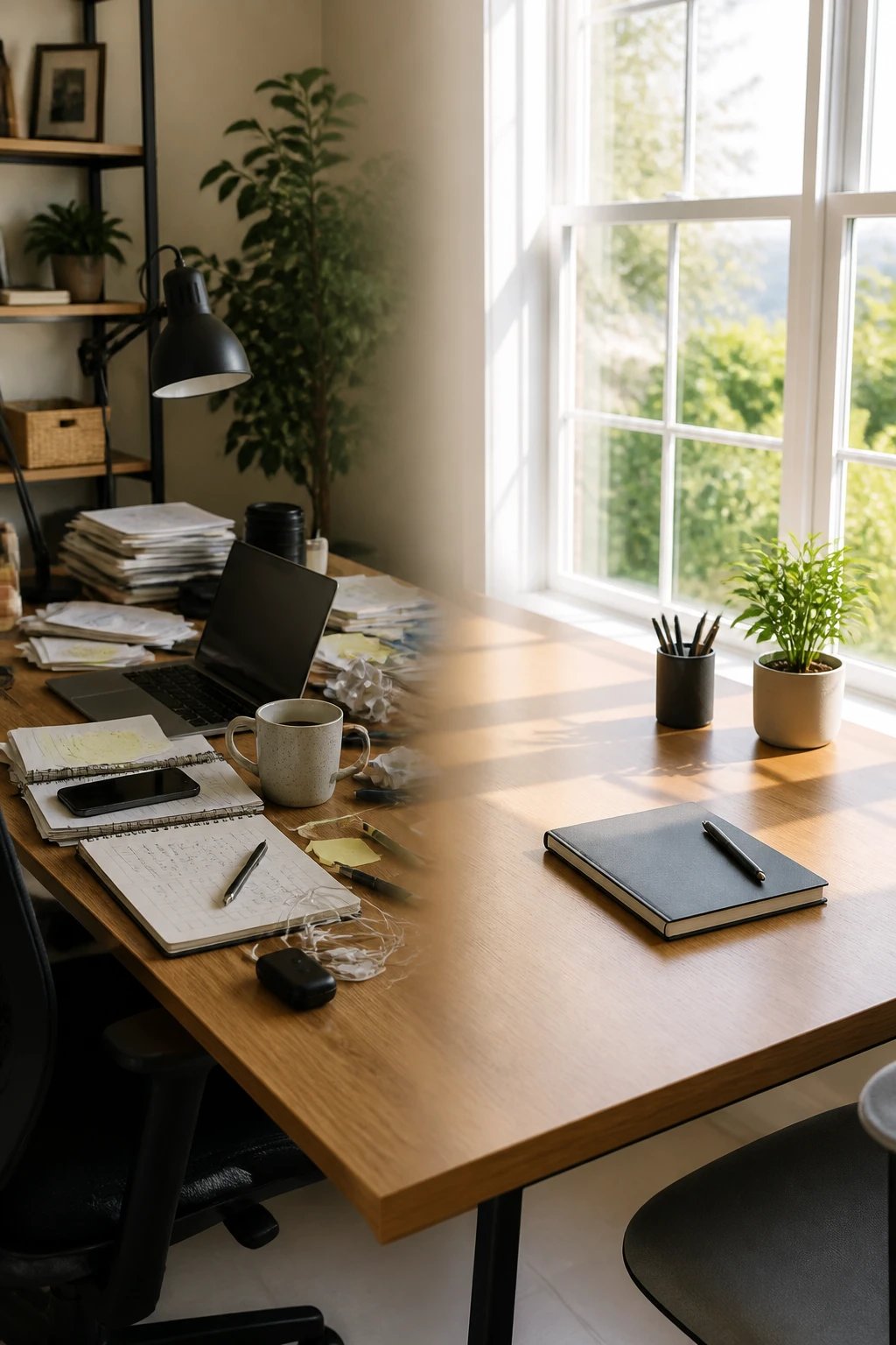 A home office desk before-and-after vibe in one scene: on one side a cluttered desk with papers, coffee mug, and gadgets; on the other side a pristine desk with one notebook, a pen cup, and a small plant, separated by a soft transition blur, bright daylight streaming in.