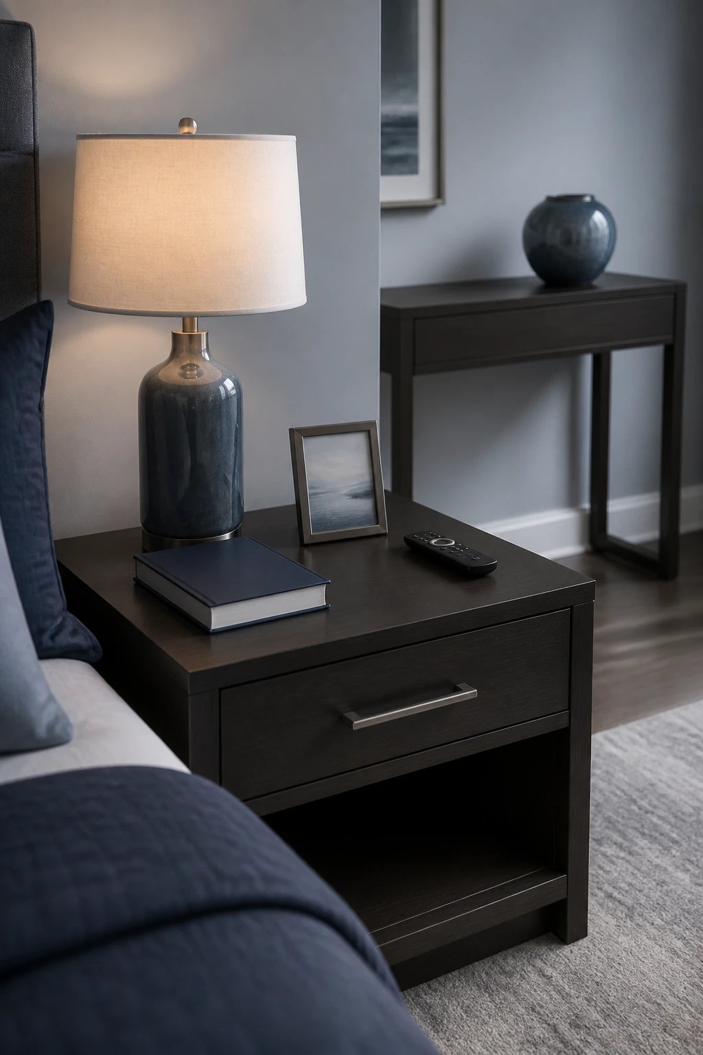 A bedroom nightstand and console wiped down: a sleek nightstand with a single lamp, a closed book, a small frame, and a neatly placed remote, plus a tidy console table in the background with a single decorative item, all in cool, calming tones.
