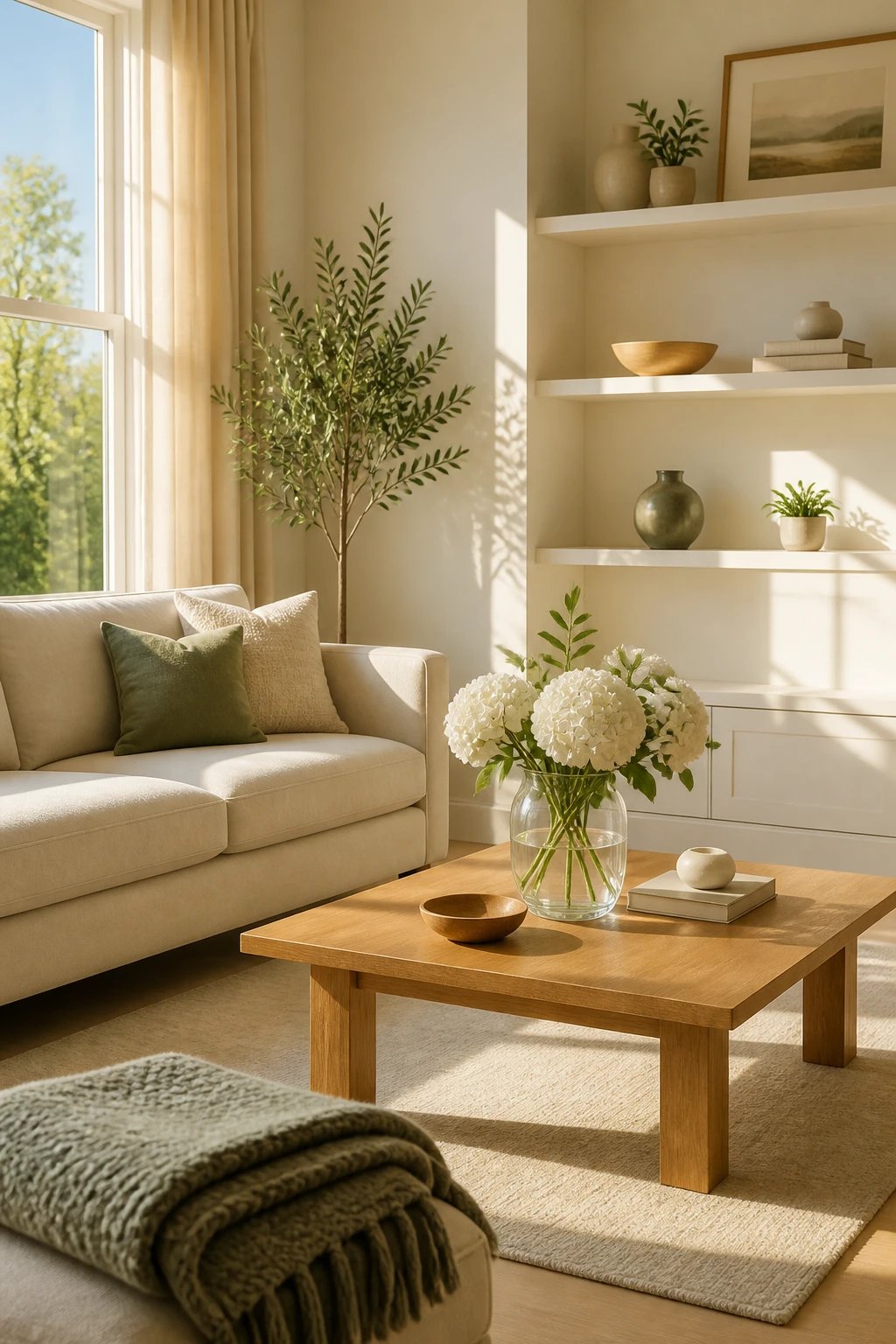 A living room morning glow scene: clear surfaces, a tidy shelf with a few carefully chosen decor pieces, a vase with fresh flowers, and a folded throw blanket at the foot of the sofa, sunlight casting gentle shadows to emphasize cleanliness and calm.