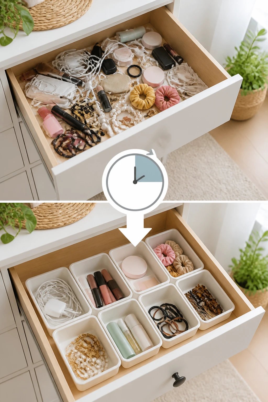 A bright, organized drawer being decluttered in 15 minutes: neatly labeled small storage boxes, a clear before/after visual vibe, soft natural light, no text on the image.