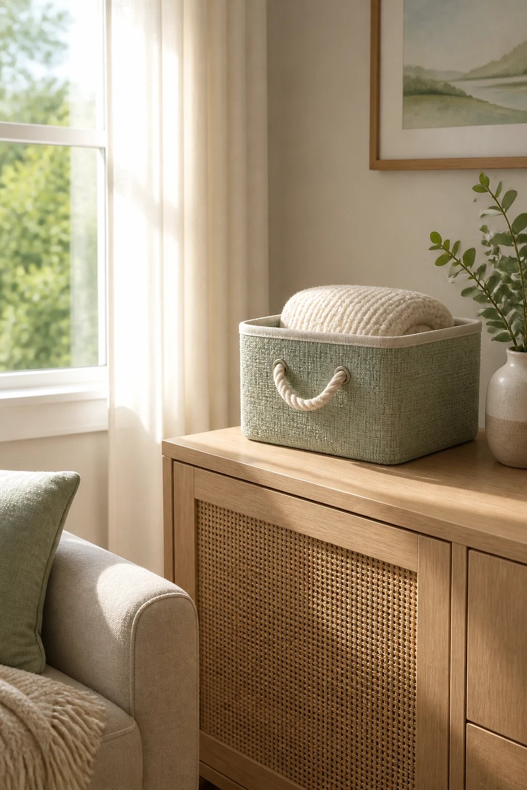 A calm living room corner after decluttering: a single, uncluttered surface with a pretty storage bin and label, gentle morning light streaming through a window, no text on the image.
