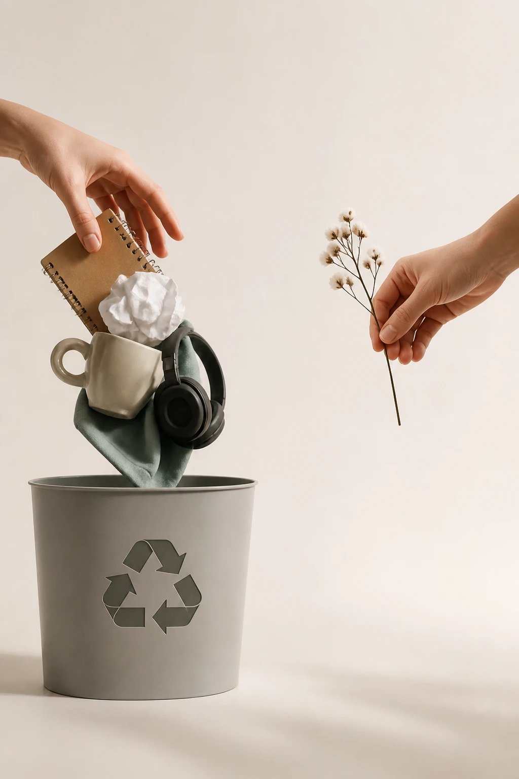 A visual metaphor of letting go: hands discarding or placing items into a recycling/bin, a solitary item being chosen to keep vs. let go, clean background, no text on the image.