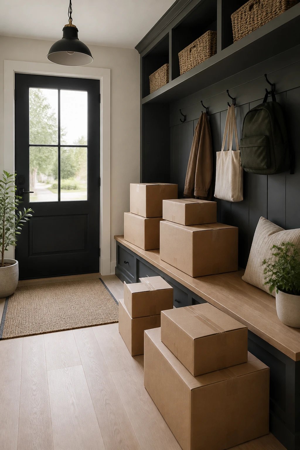A single shelf with a visible transformation: one corner cleaned to reveal empty space, a single decorative storage box, a small plant, warm ambient lighting, no text on the image.