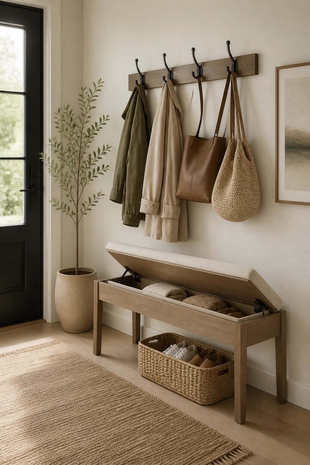 A calm, clutter-free entryway featuring a slim wall rack with coats and bags neatly hung, a narrow bench with a lift-top revealing hidden storage, and a woven basket for shoes, all in a soft neutral palette and natural light