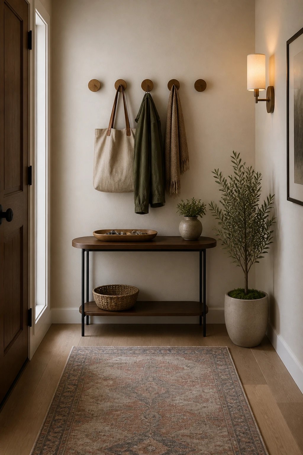 A tiny foyer scene showing vertical organization: wall pegs arranged in a clean line, a slim console with a stylish tray for keys, and a chic, low-profile runner rug, with a potted plant and ambient wall lighting